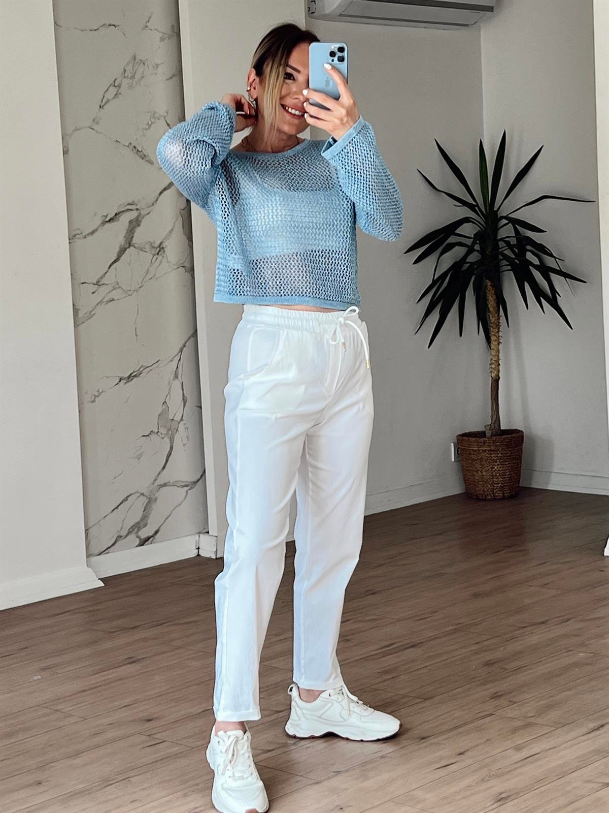 Bisiklet Yaka Ajur Desen Crop MAVİ