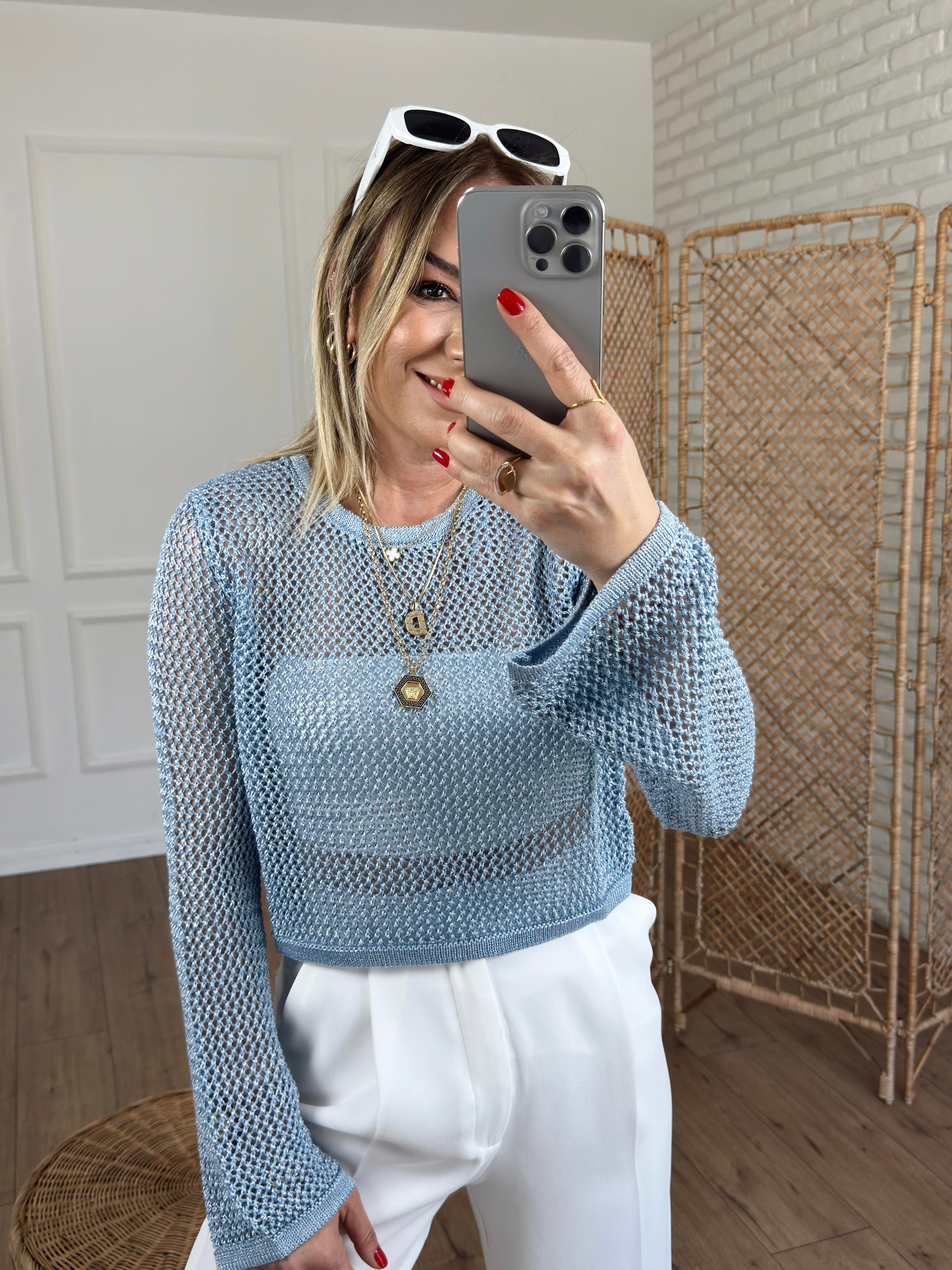 Bisiklet Yaka Ajur Desen Crop MAVİ