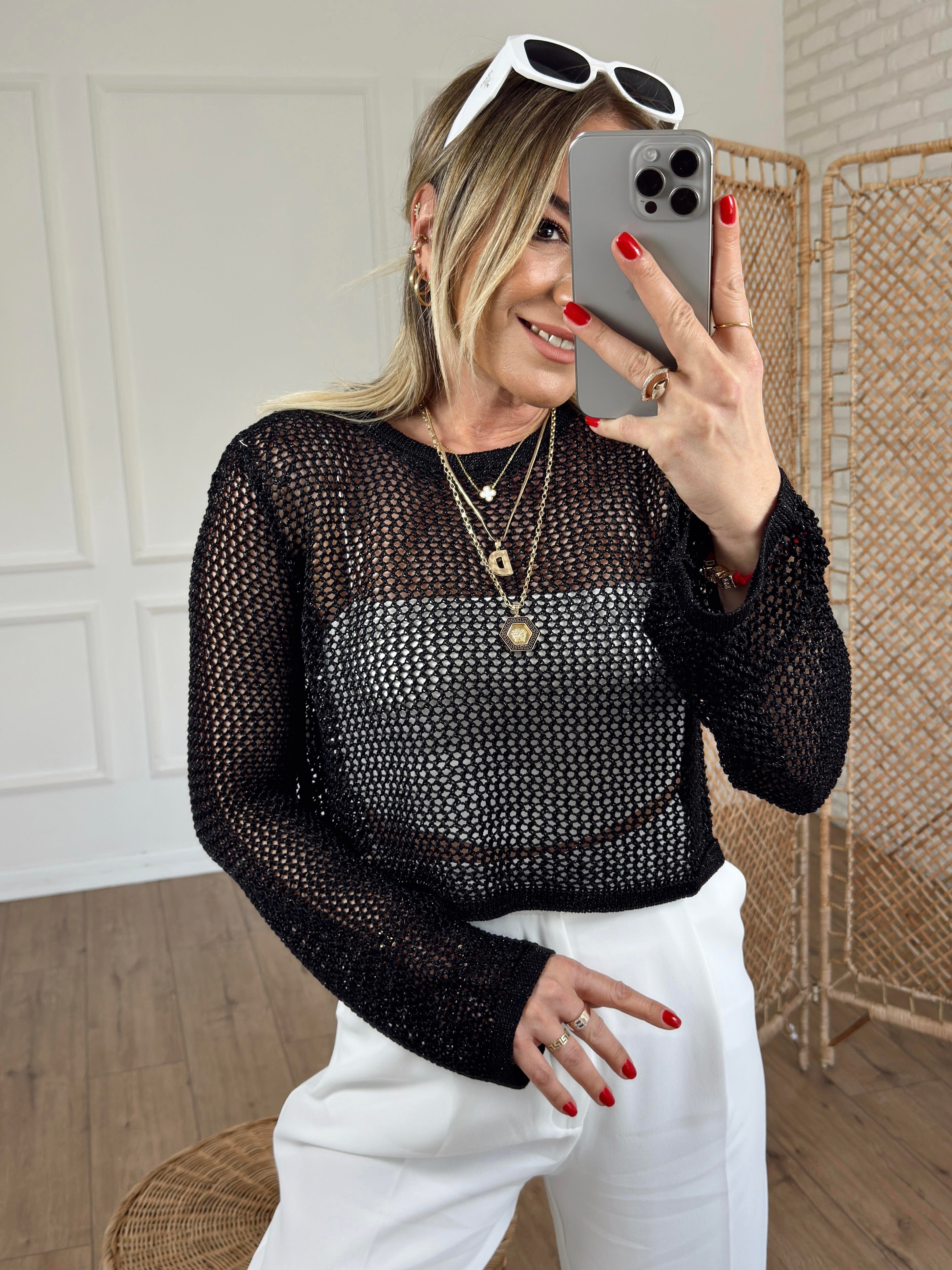 Bisiklet Yaka Ajur Desen Crop SİYAH