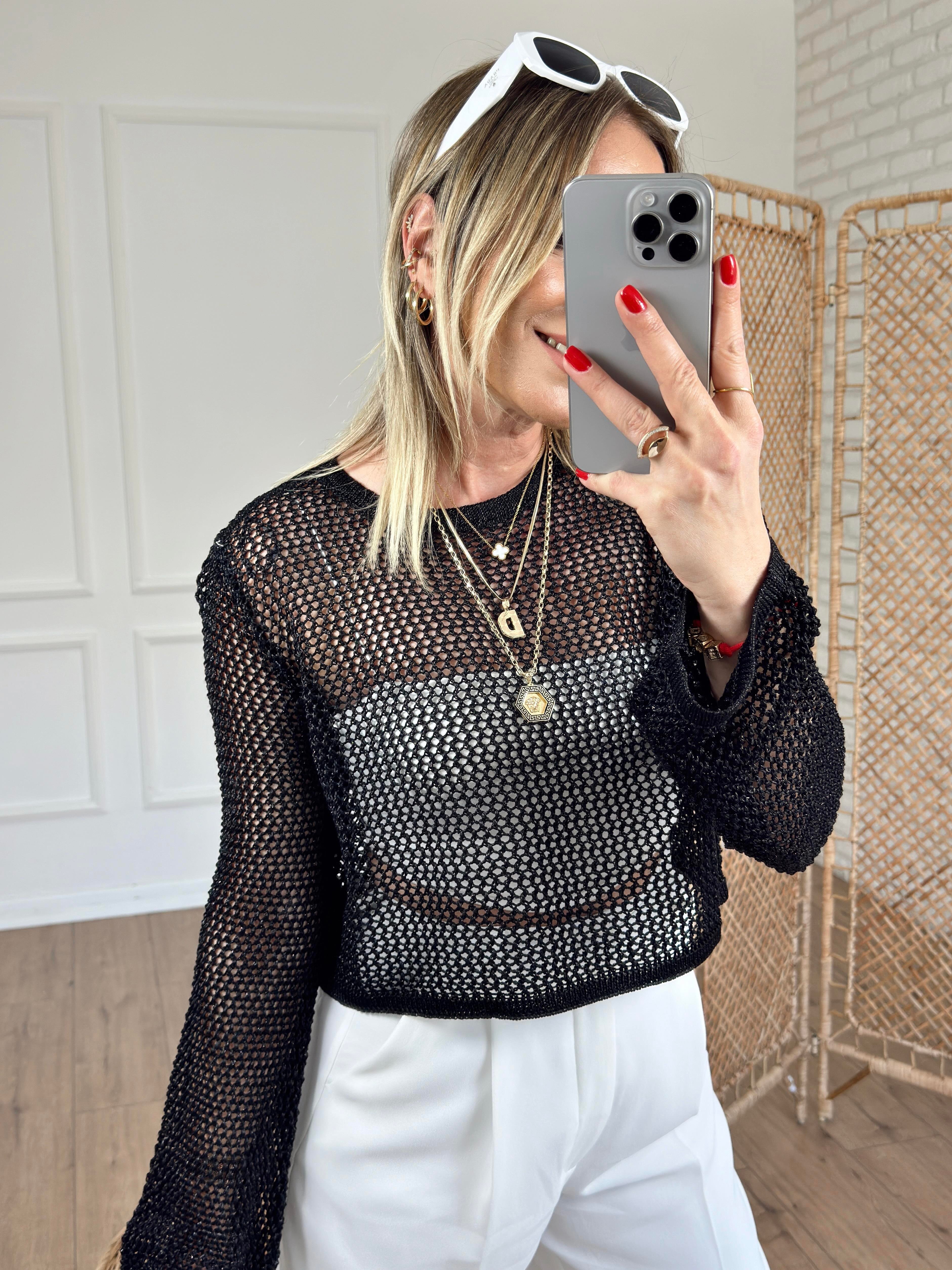 Bisiklet Yaka Ajur Desen Crop SİYAH
