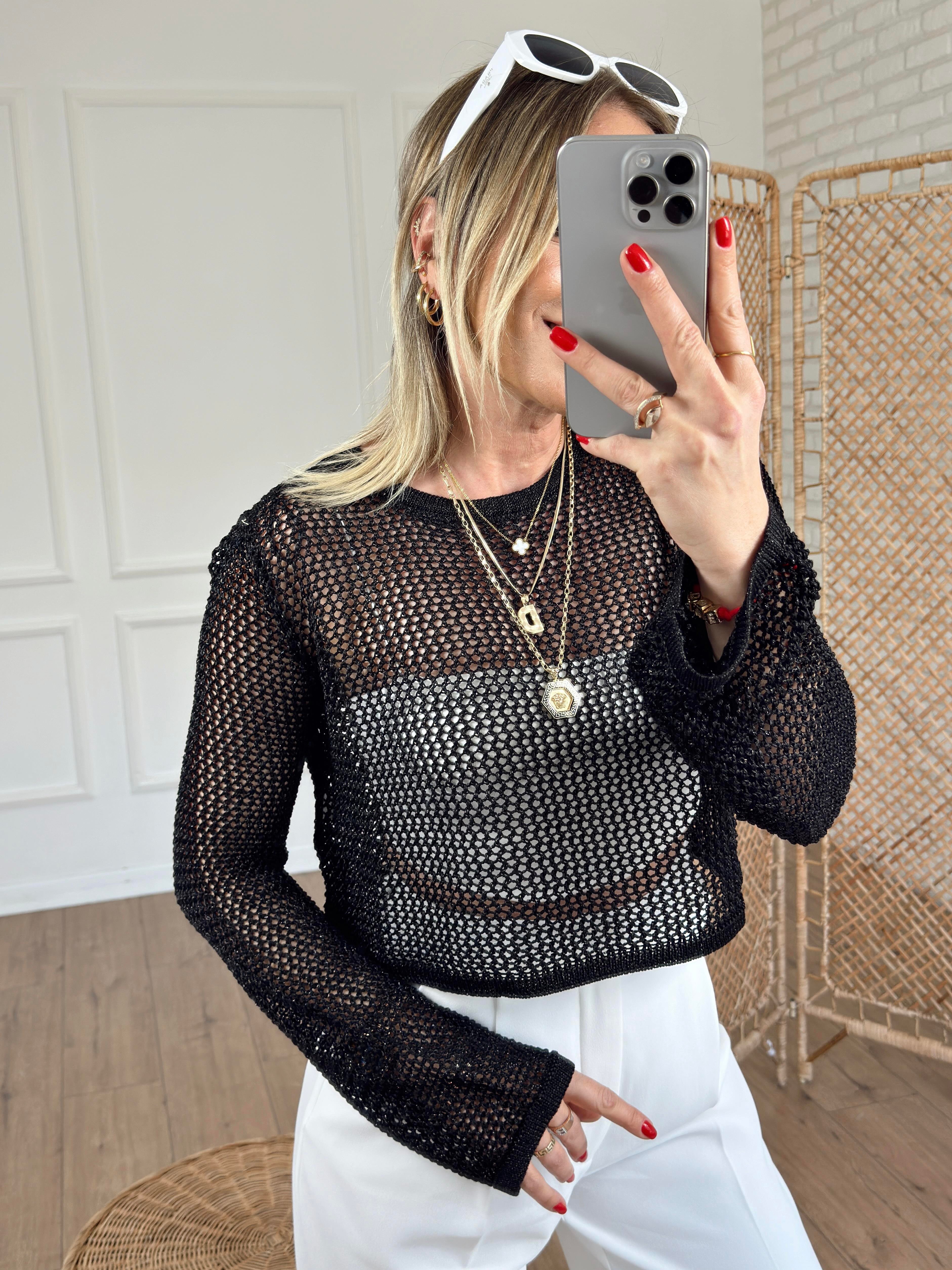 Bisiklet Yaka Ajur Desen Crop SİYAH