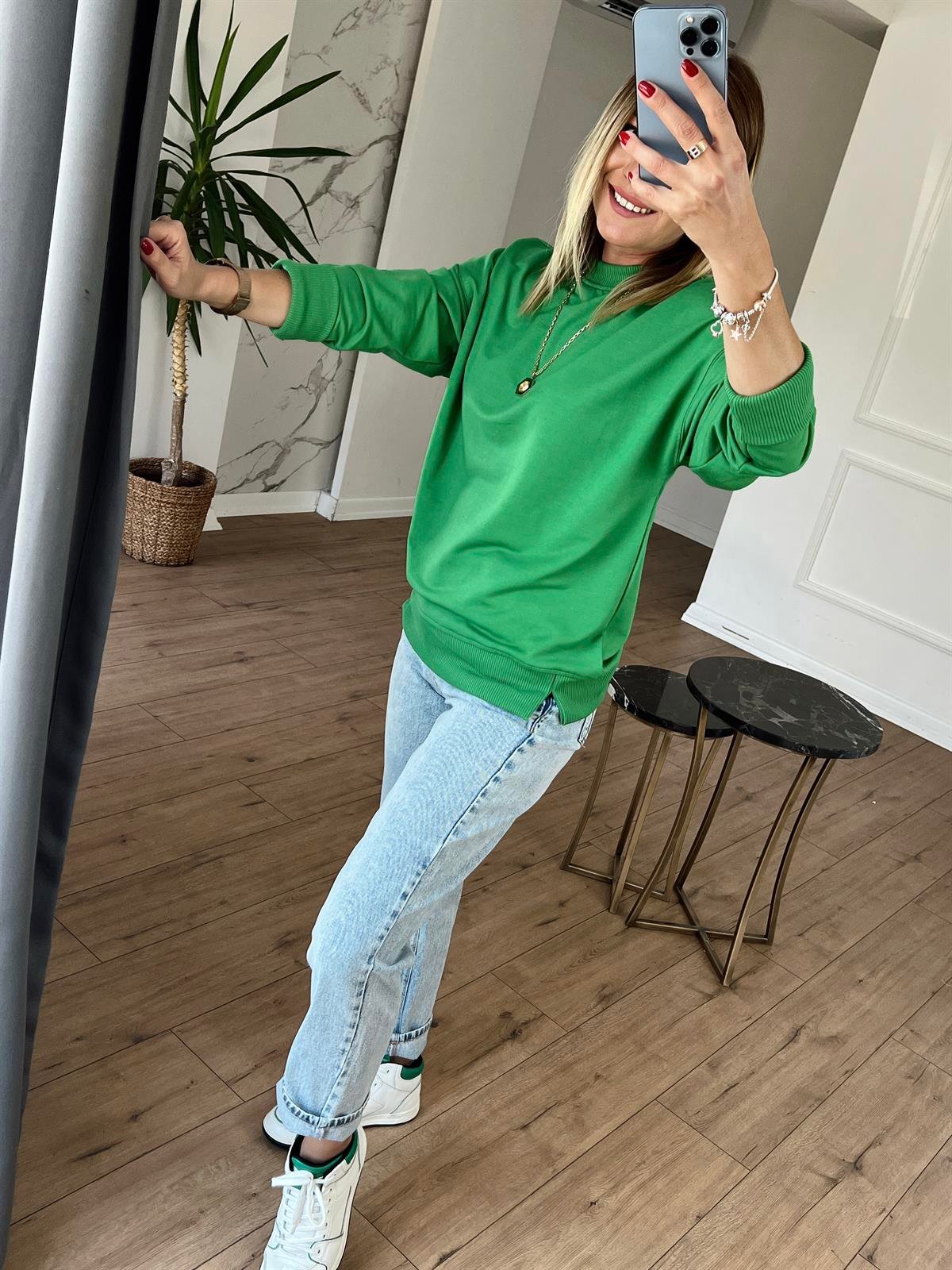 Bisiklet Yaka Basic Sweat YEŞİL