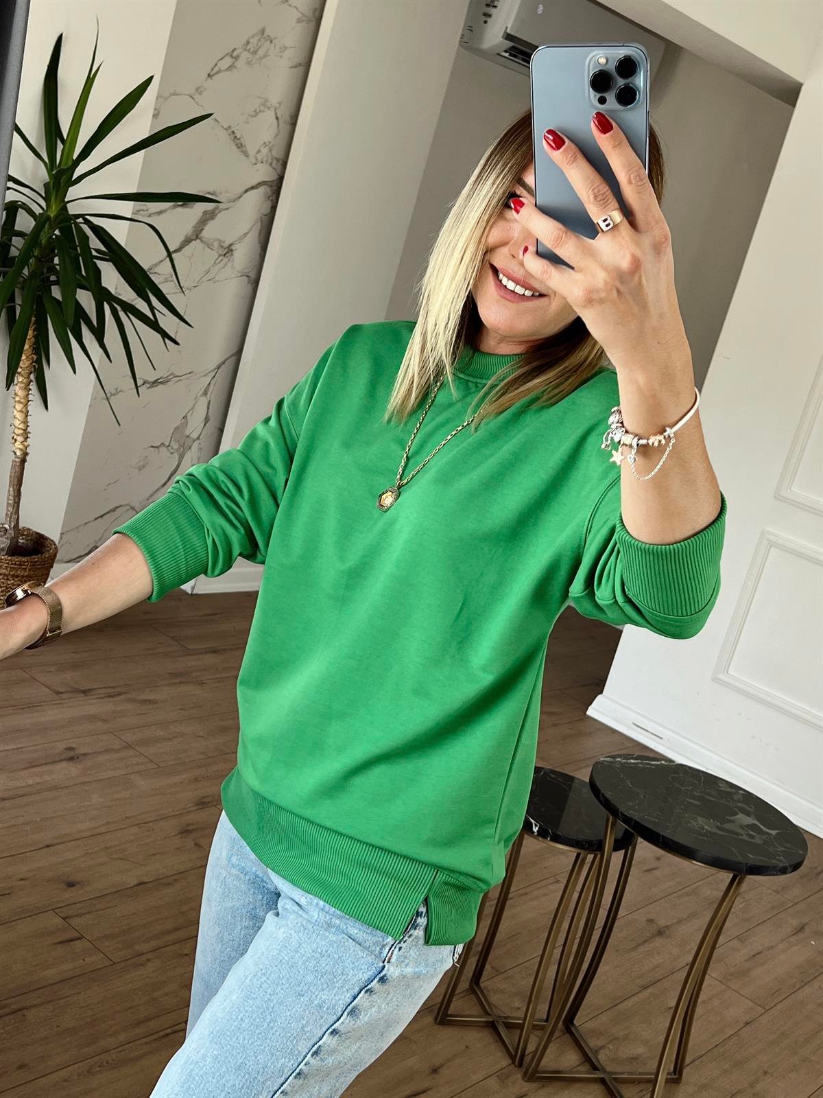 Bisiklet Yaka Basic Sweat YEŞİL