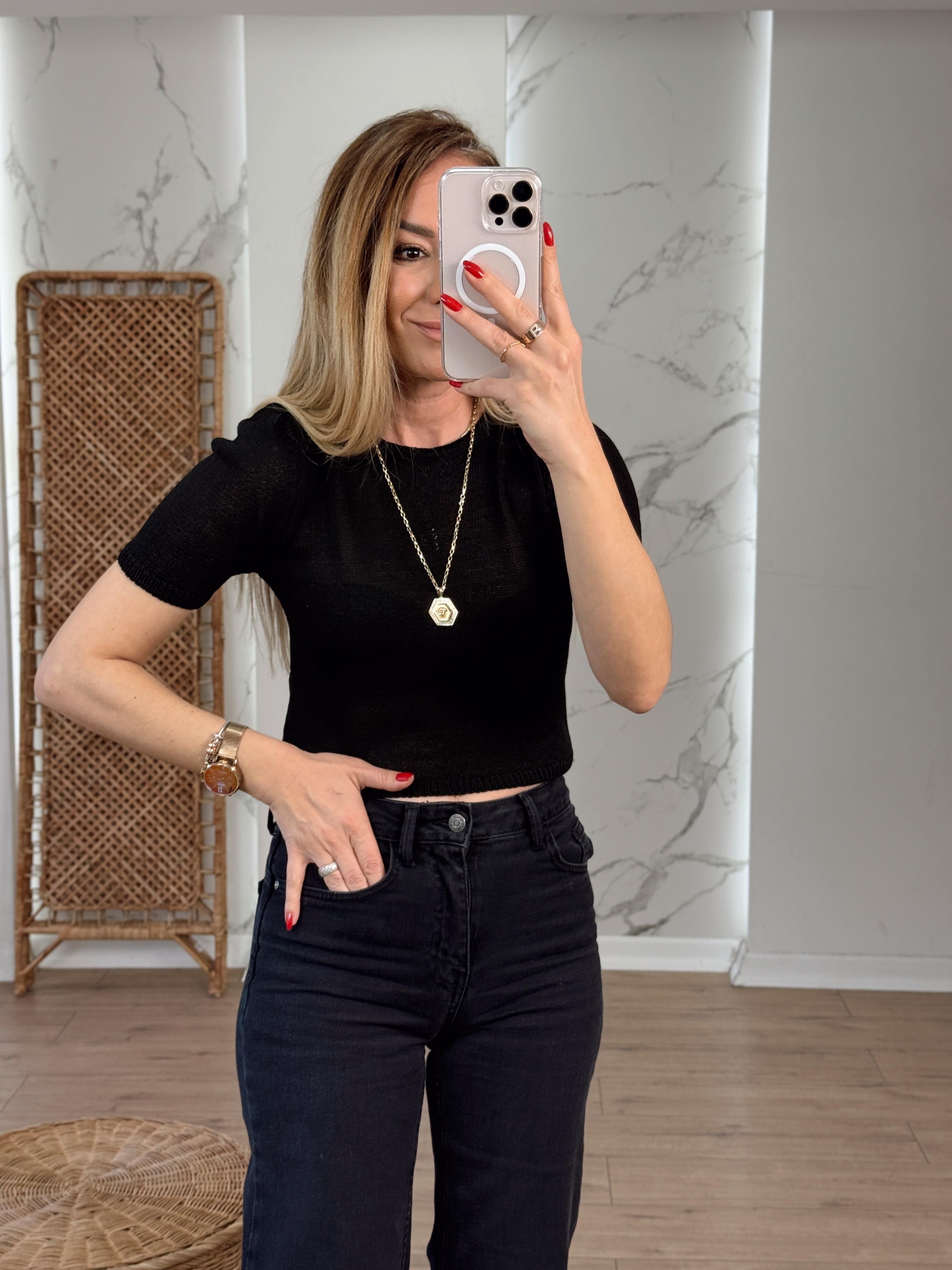 Bisiklet Yaka Frize İplik Bluz SİYAH