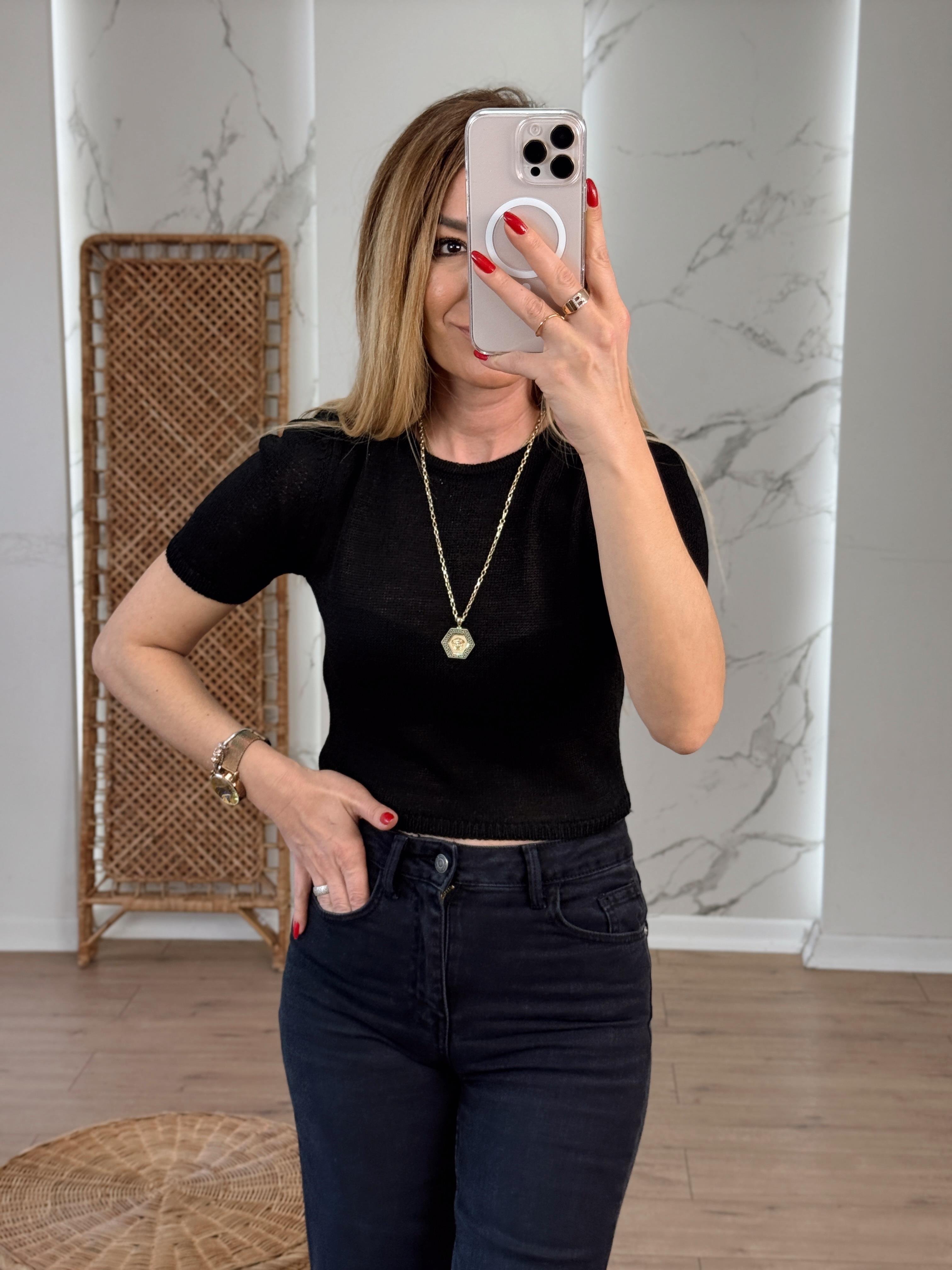 Bisiklet Yaka Frize İplik Bluz SİYAH