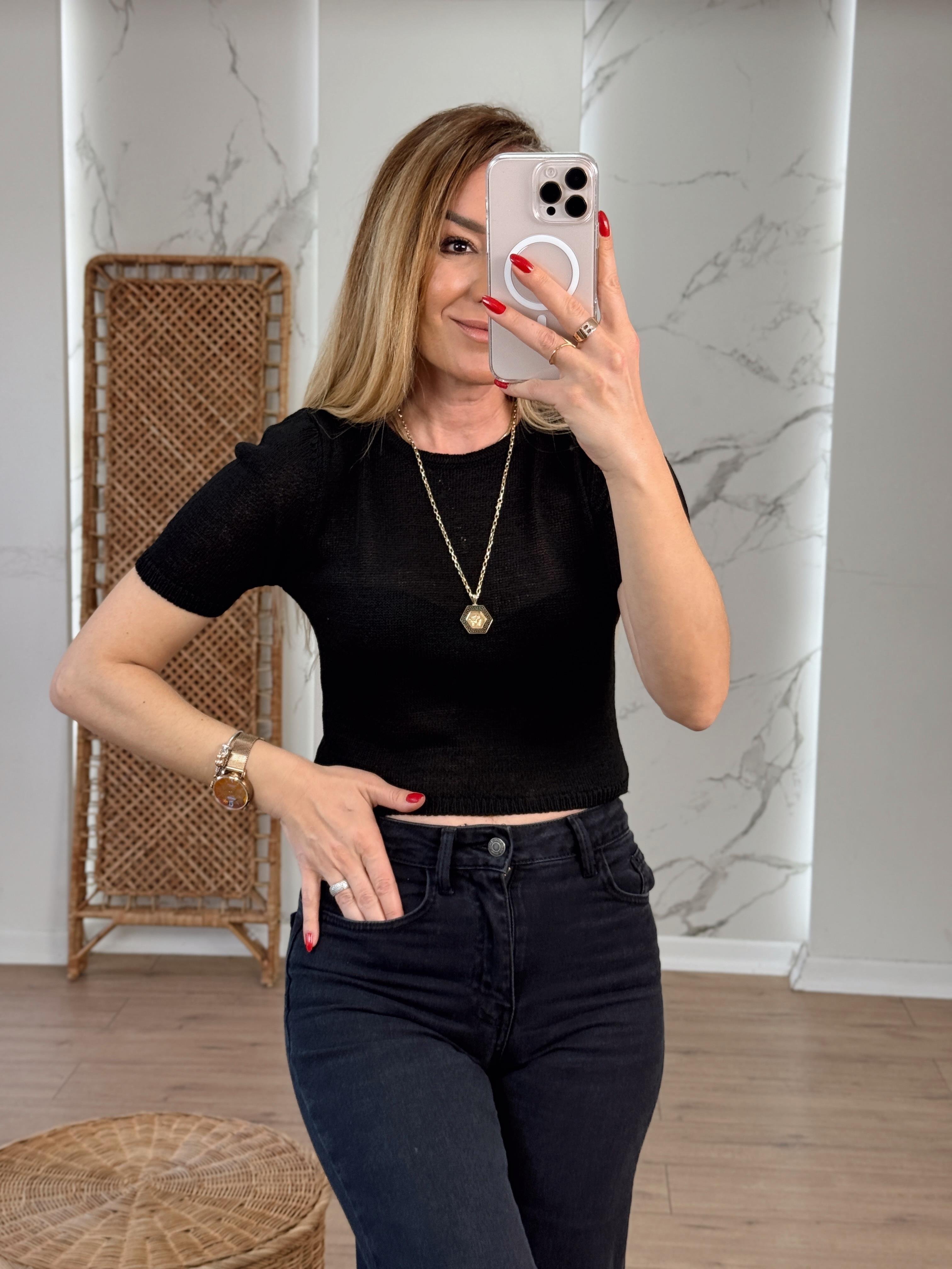 Bisiklet Yaka Frize İplik Bluz SİYAH