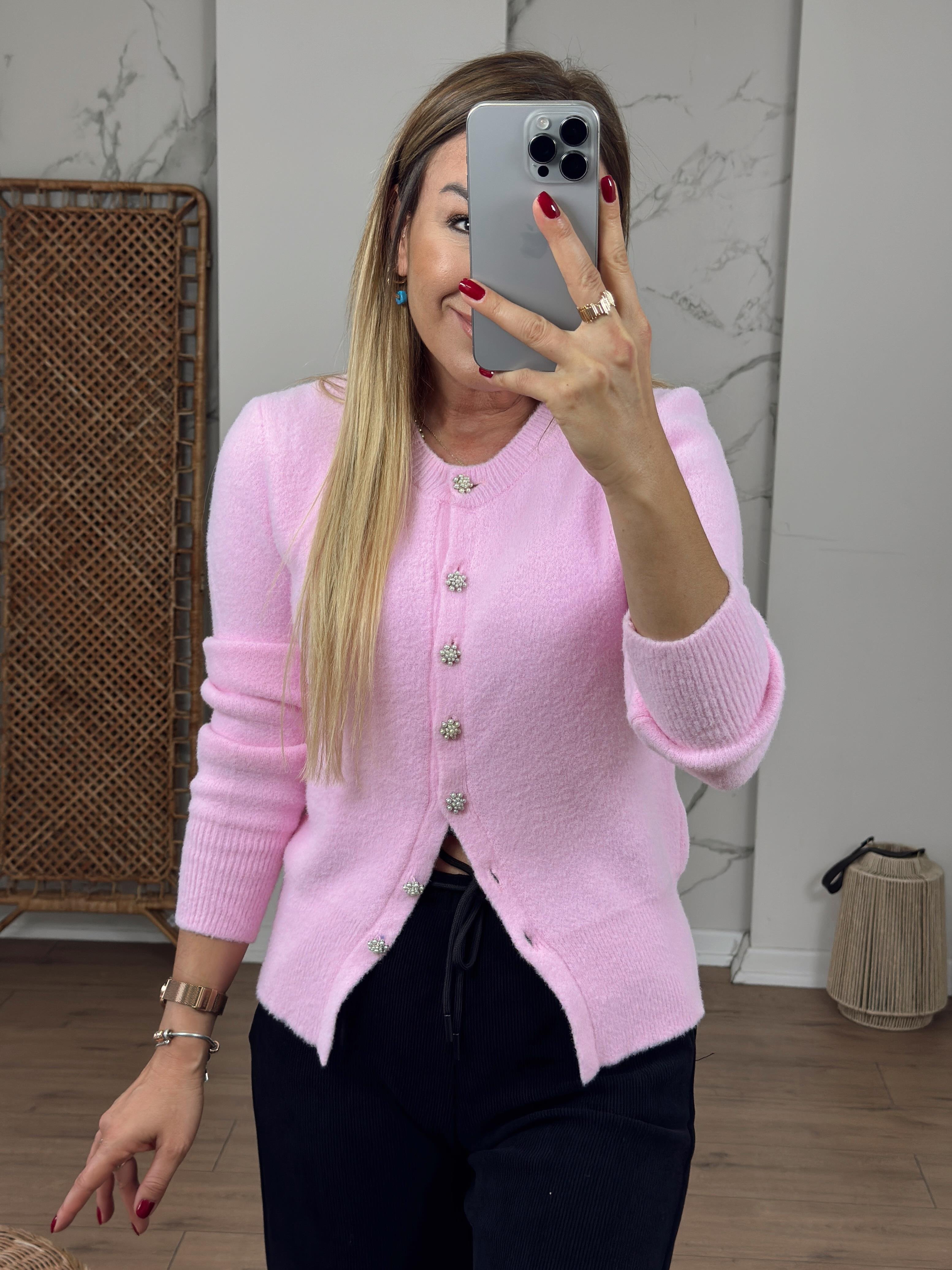 Bisiklet Yaka İnci Düğmeli Hırka PEMBE