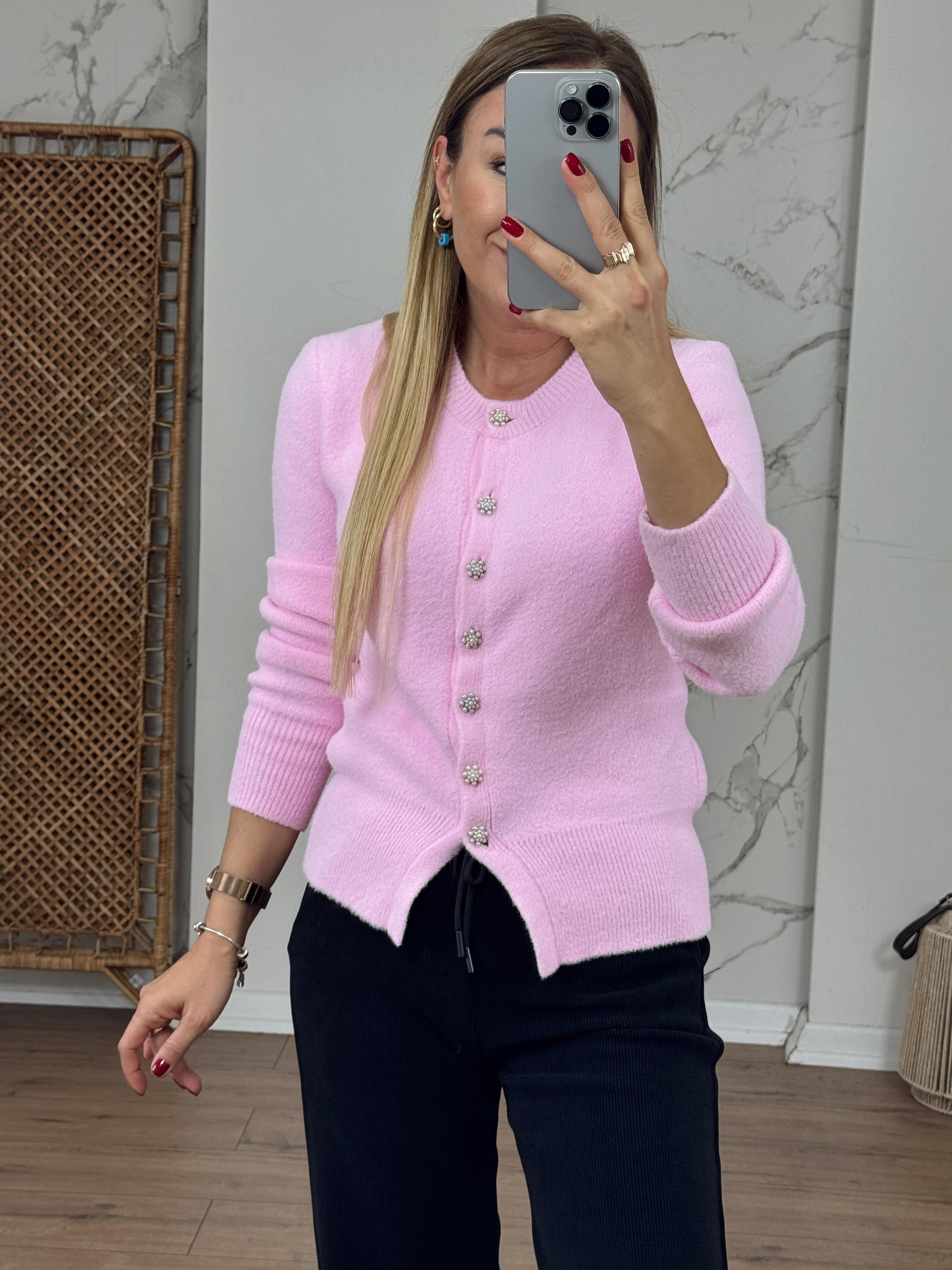 Bisiklet Yaka İnci Düğmeli Hırka PEMBE