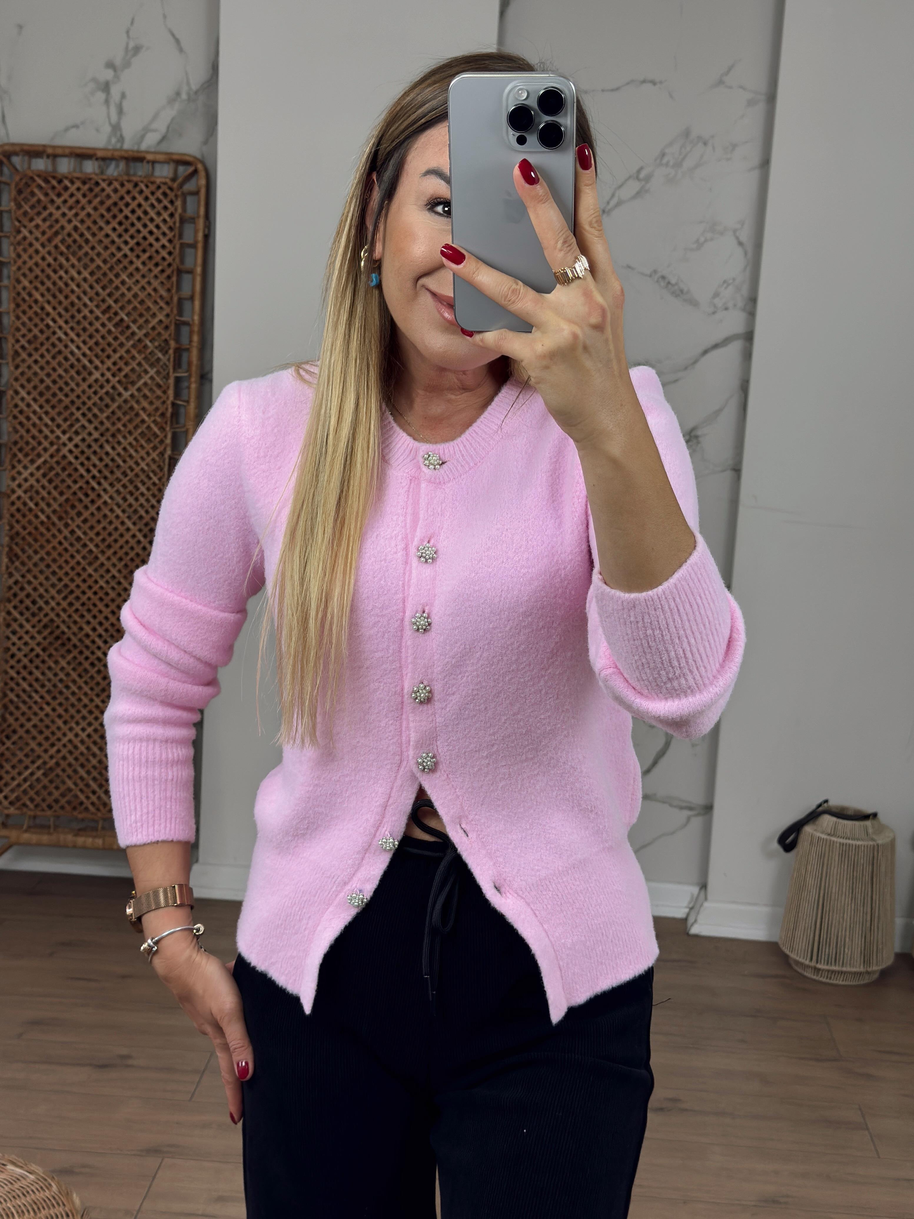 Bisiklet Yaka İnci Düğmeli Hırka PEMBE