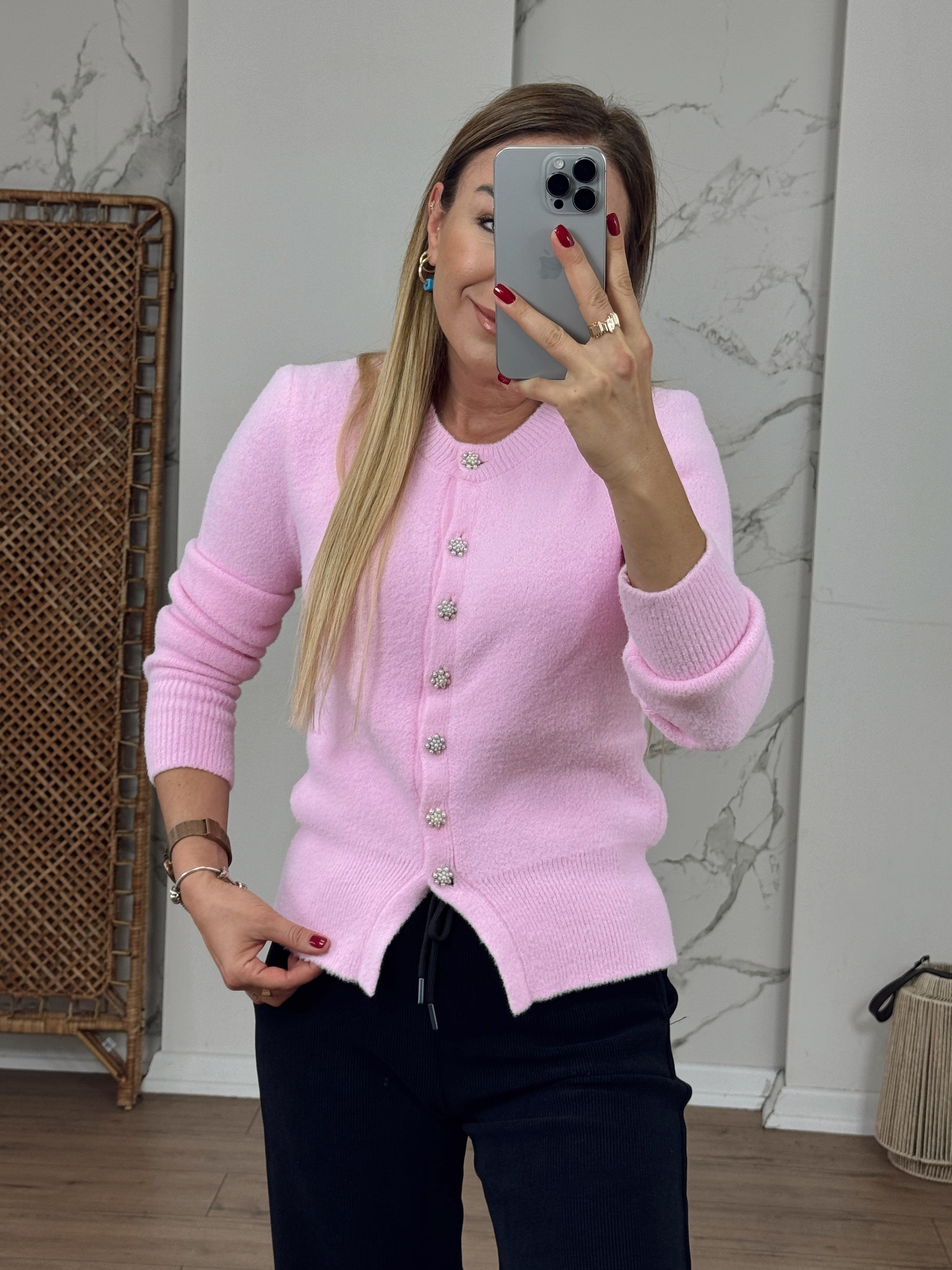Bisiklet Yaka İnci Düğmeli Hırka PEMBE