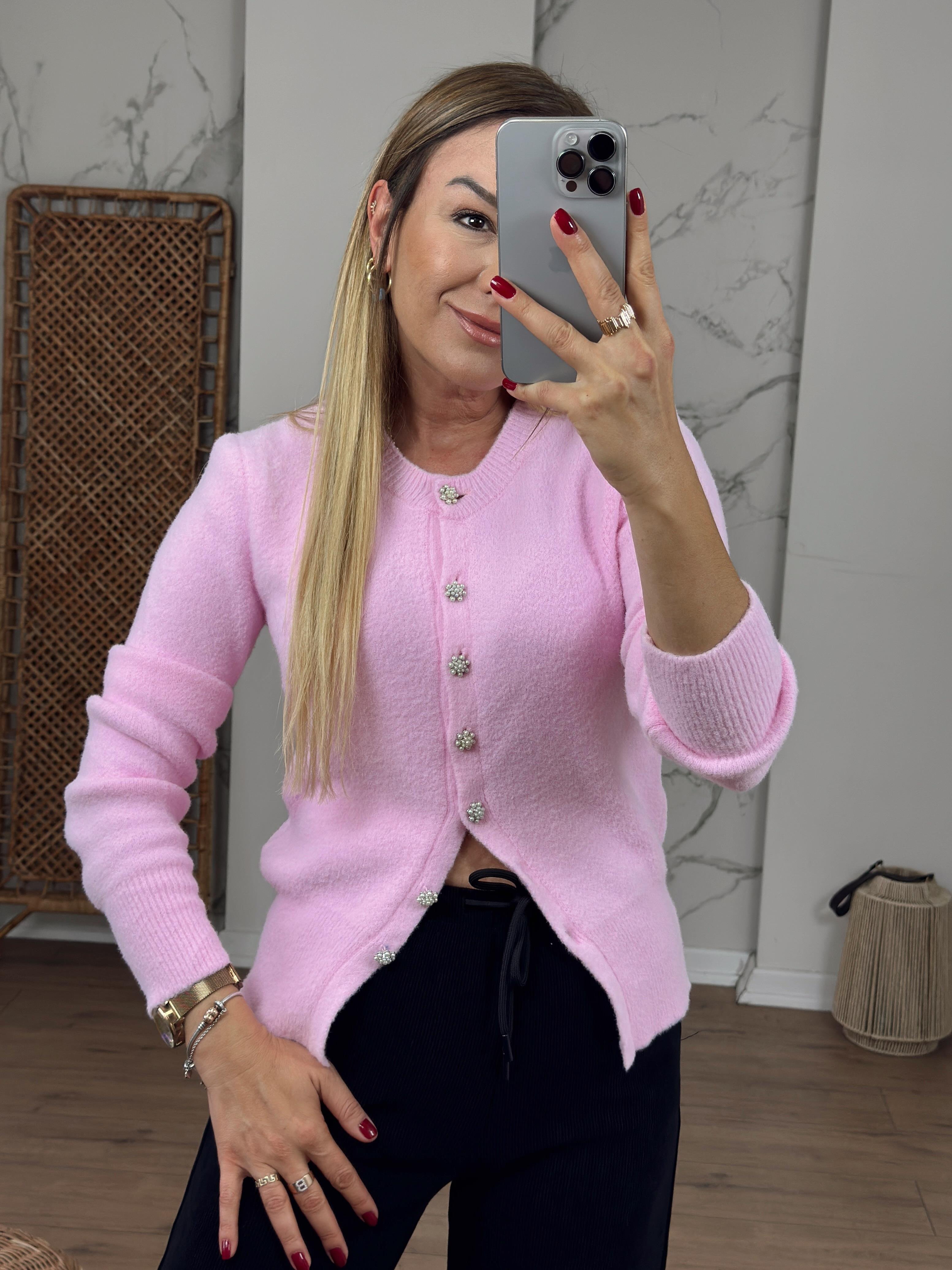 Bisiklet Yaka İnci Düğmeli Hırka PEMBE