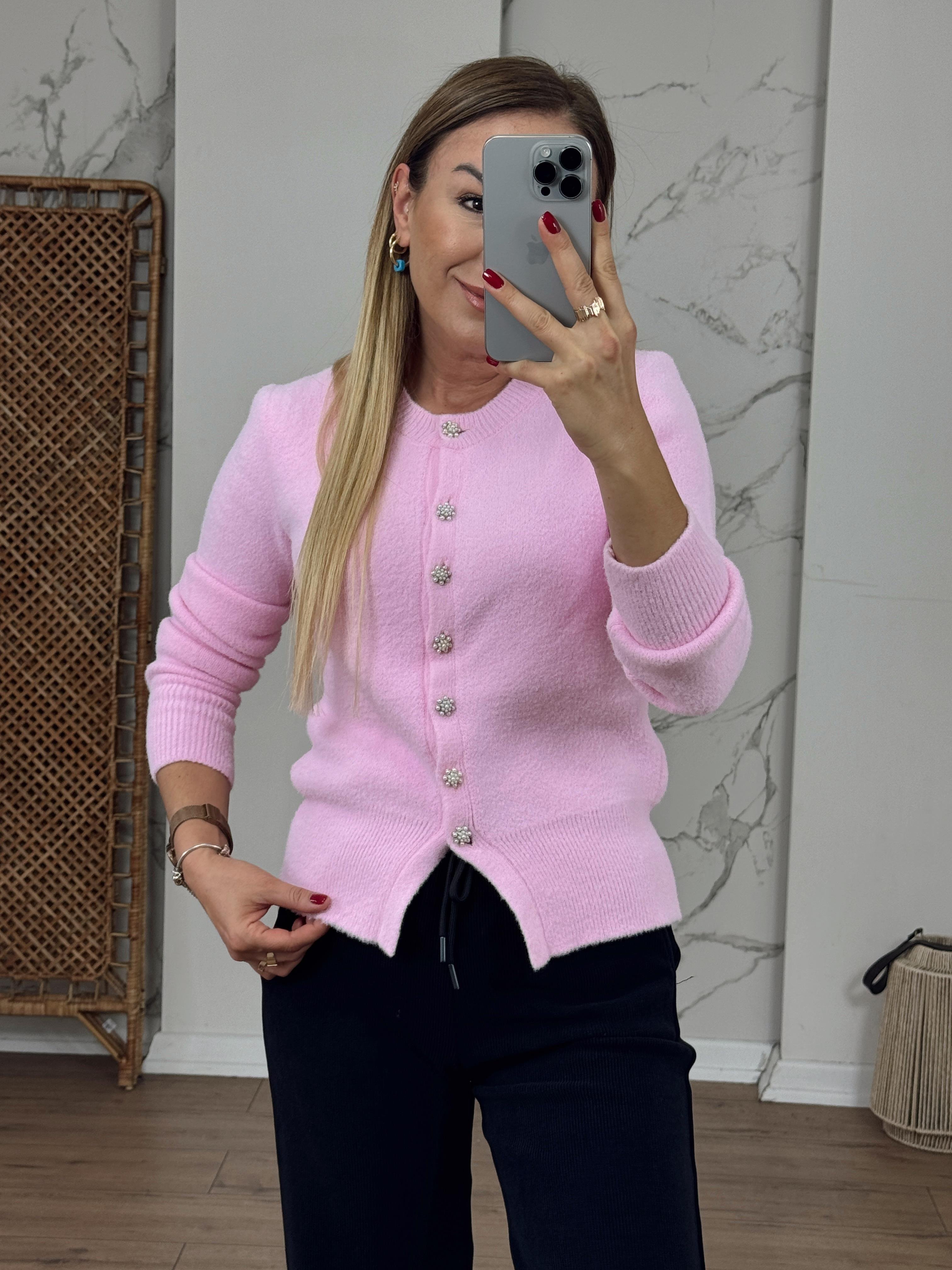 Bisiklet Yaka İnci Düğmeli Hırka PEMBE