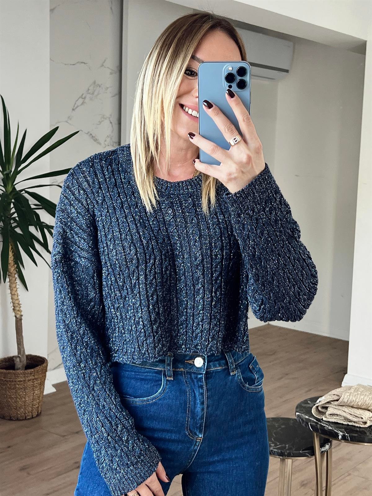 Bisiklet Yaka Saç Örgülü Crop LACİVERT