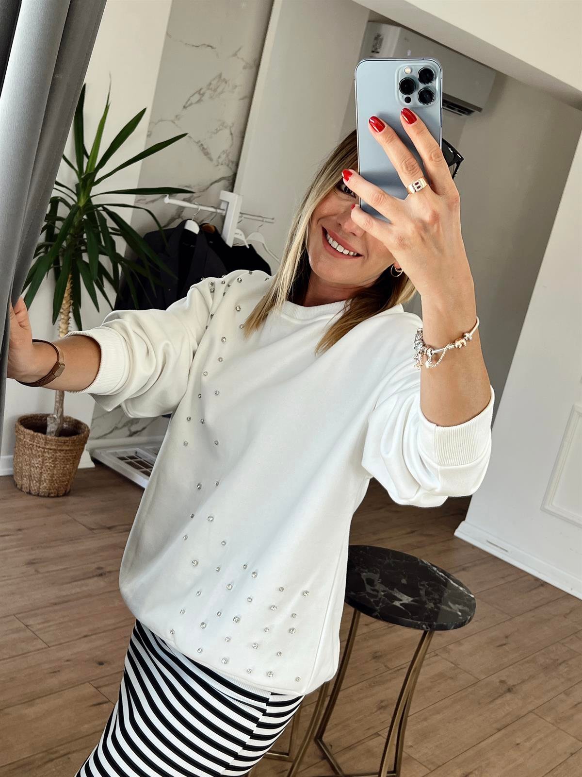 Bisiklet Yaka Taşlı Sweat BEYAZ