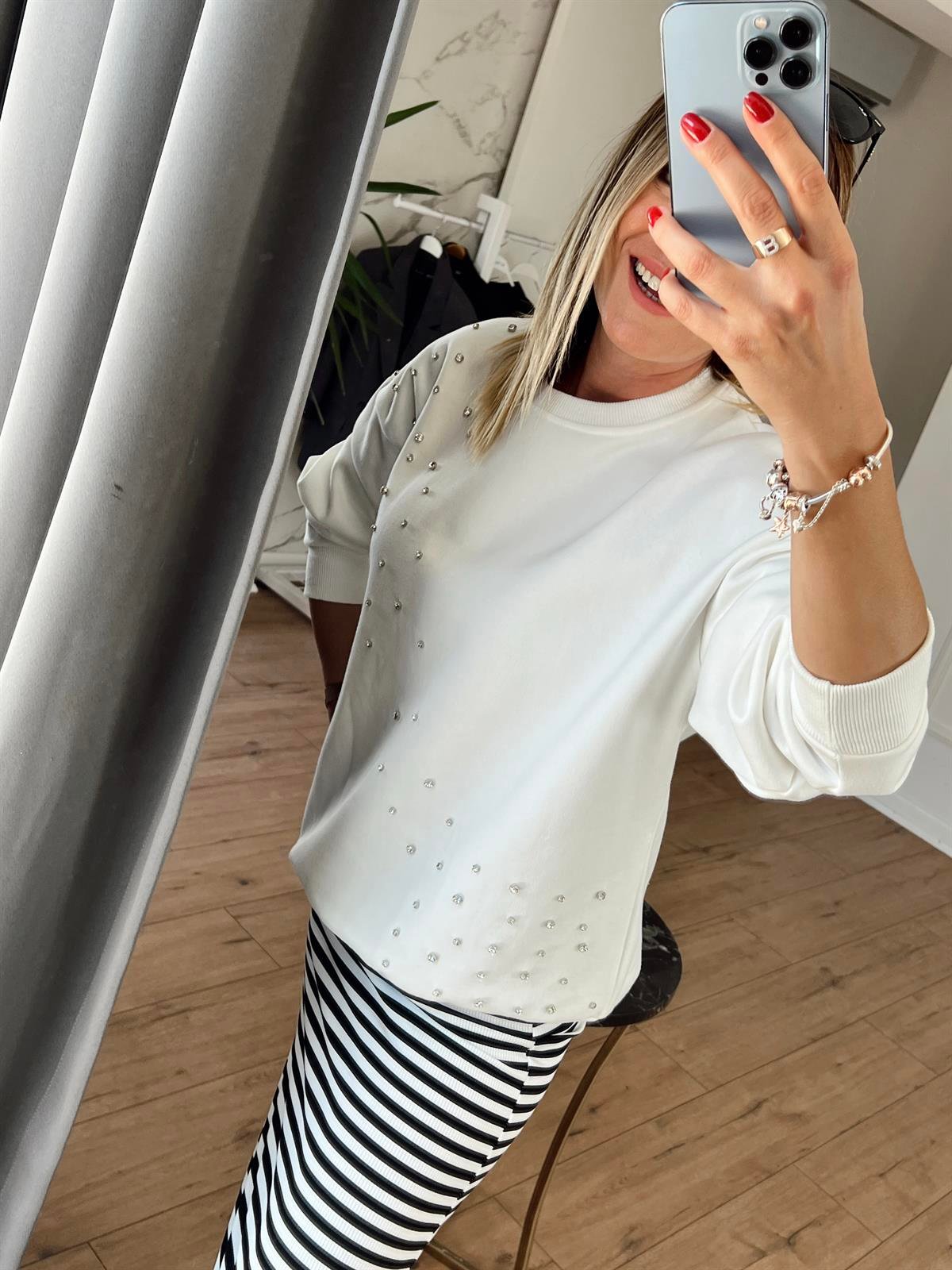 Bisiklet Yaka Taşlı Sweat BEYAZ