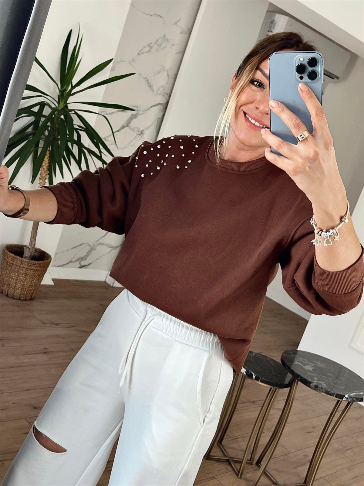 Bisiklet Yaka Taşlı Sweat KAHVE