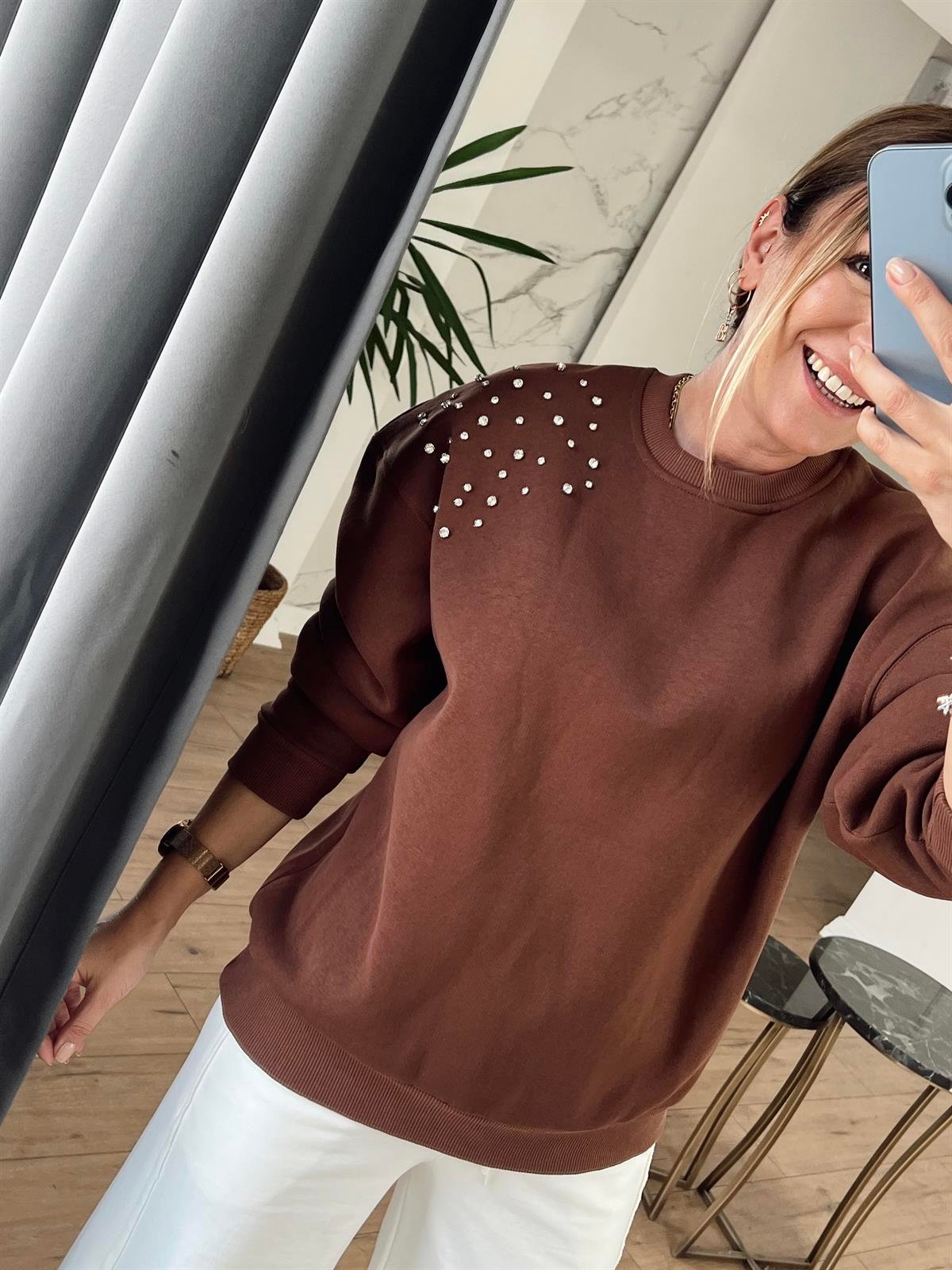 Bisiklet Yaka Taşlı Sweat KAHVE