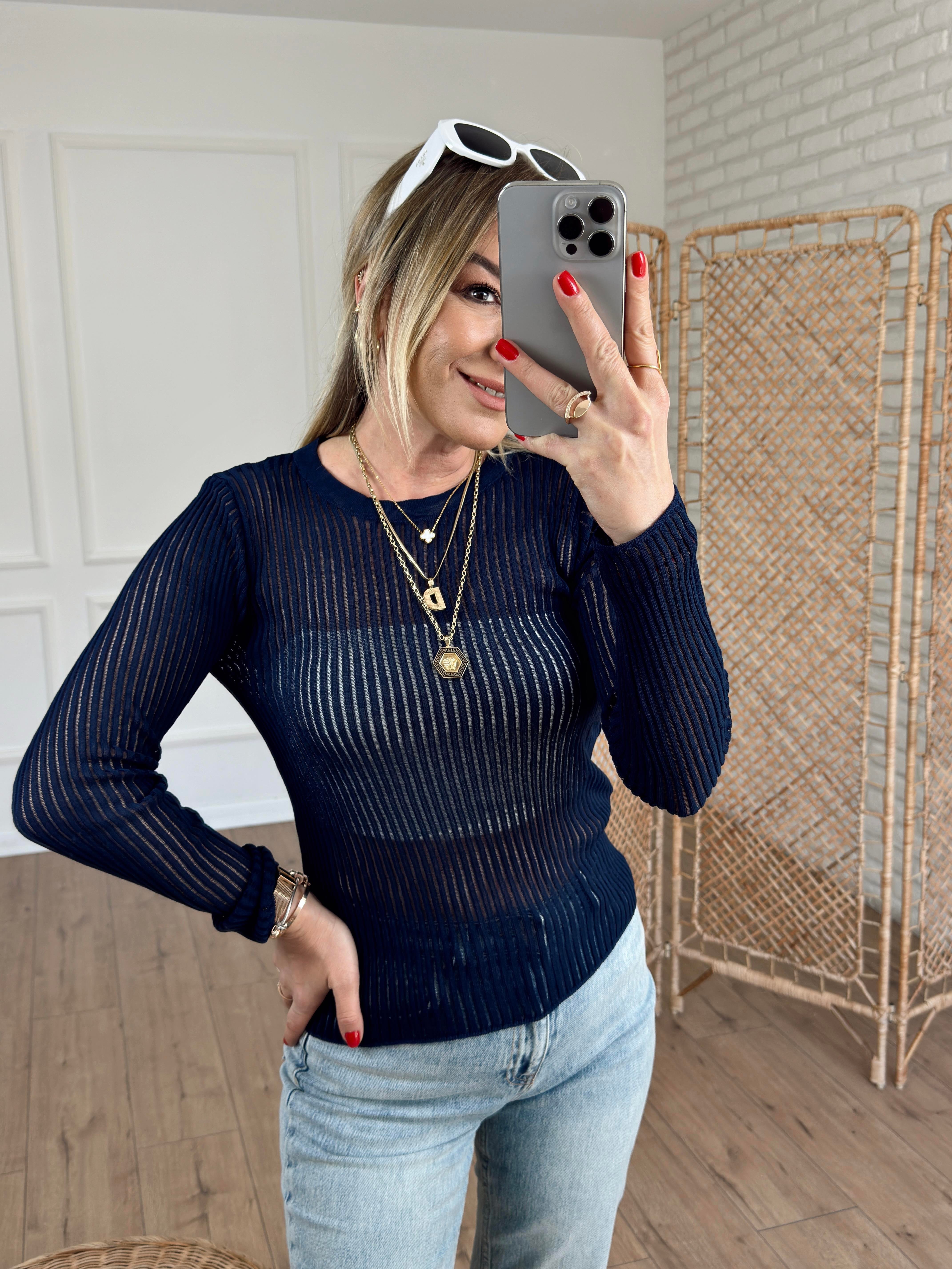 Bisiklet Yaka Transparan Bluz LACİVERT