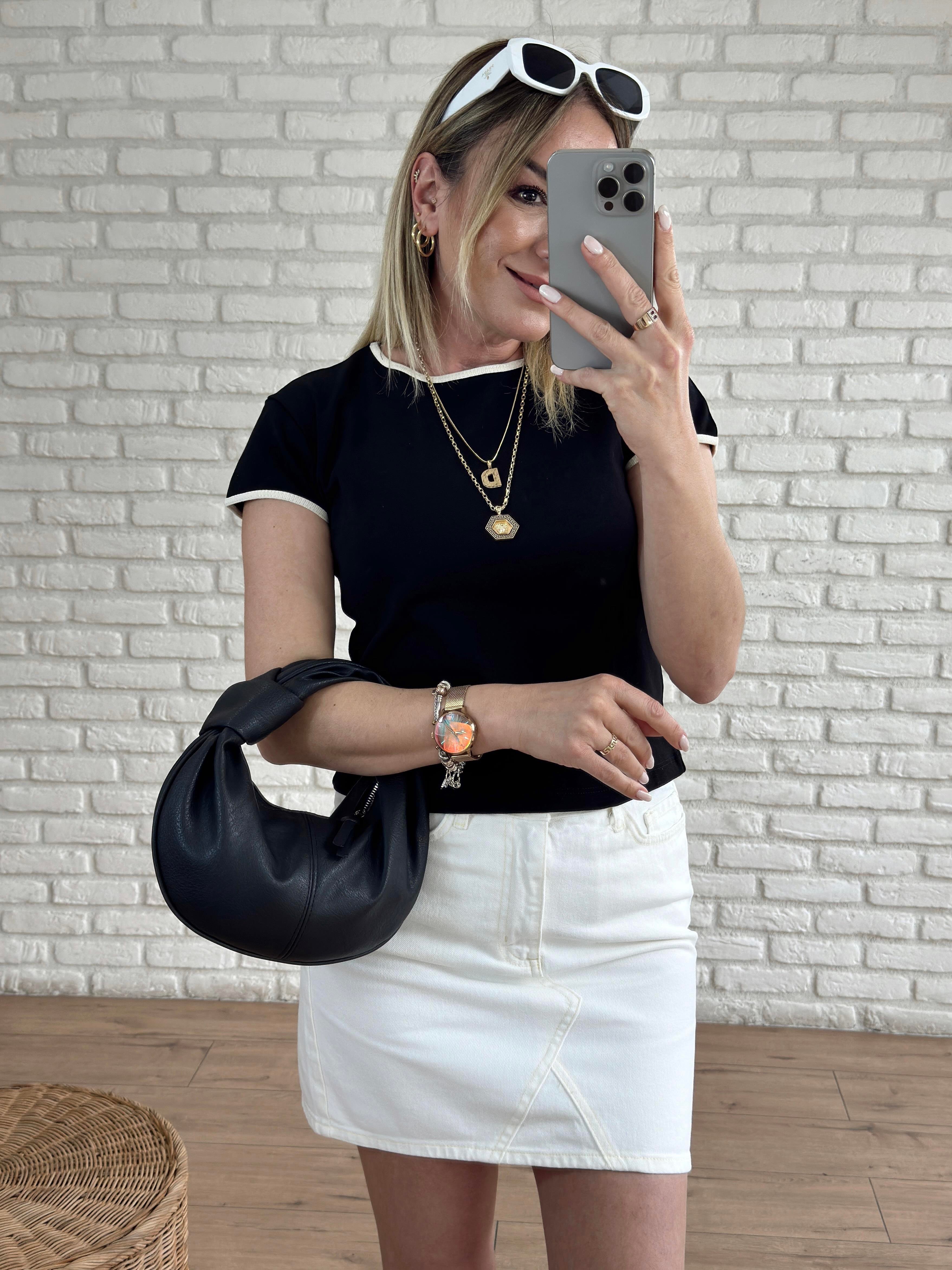 Biye Detaylı Basic Tshirt SİYAH