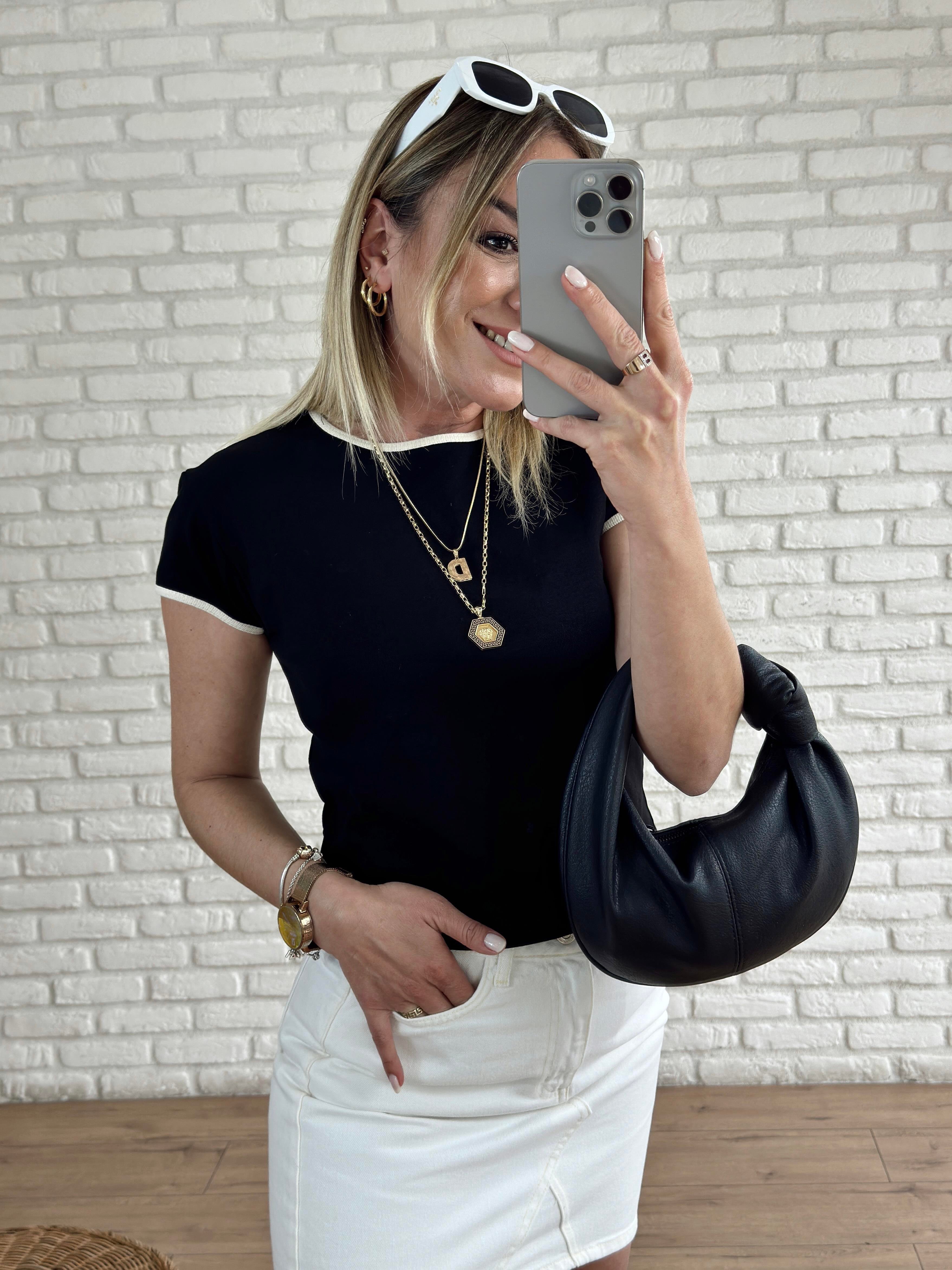 Biye Detaylı Basic Tshirt SİYAH