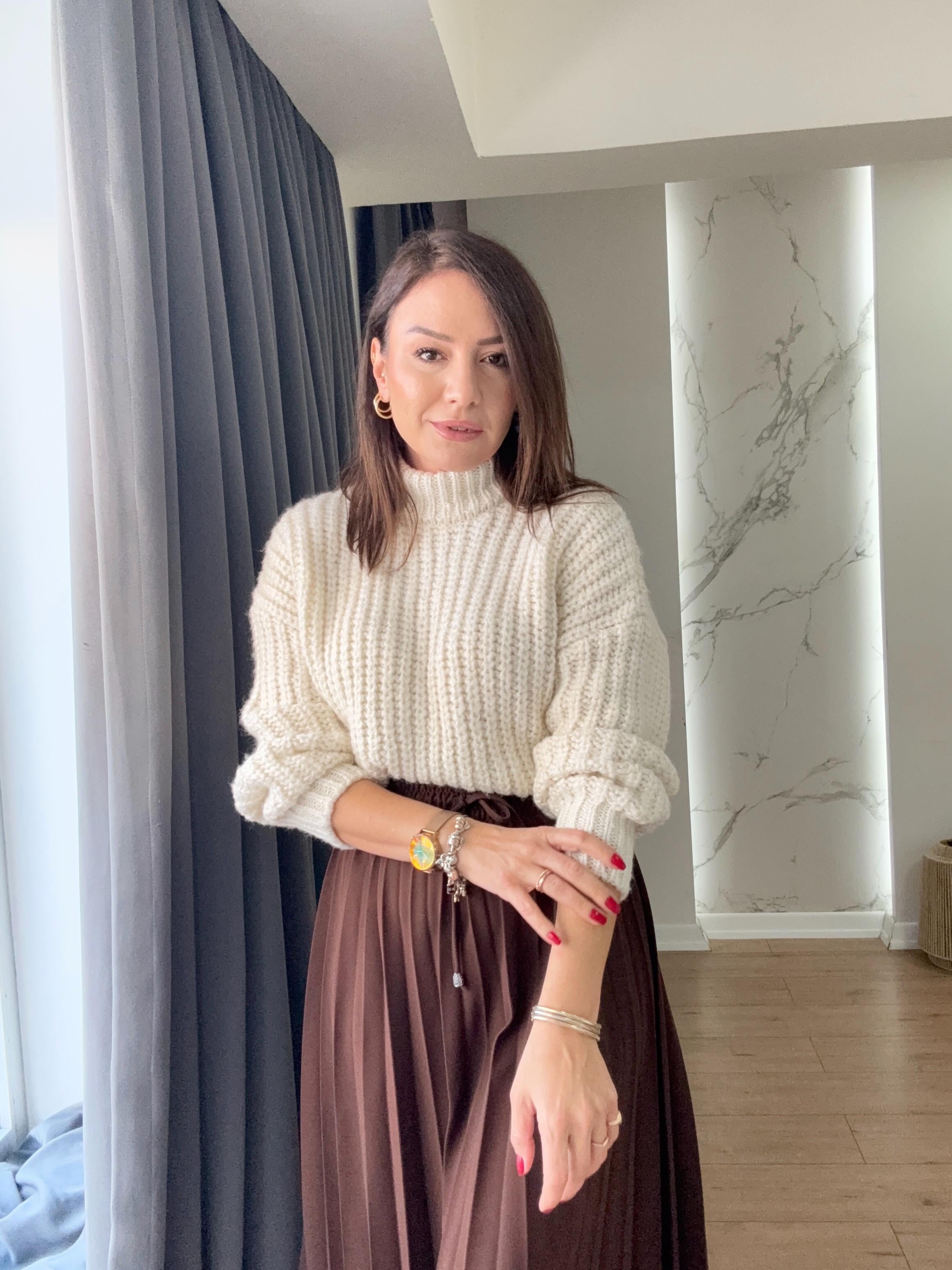 Boğazlı Örgü Kazak BEJ