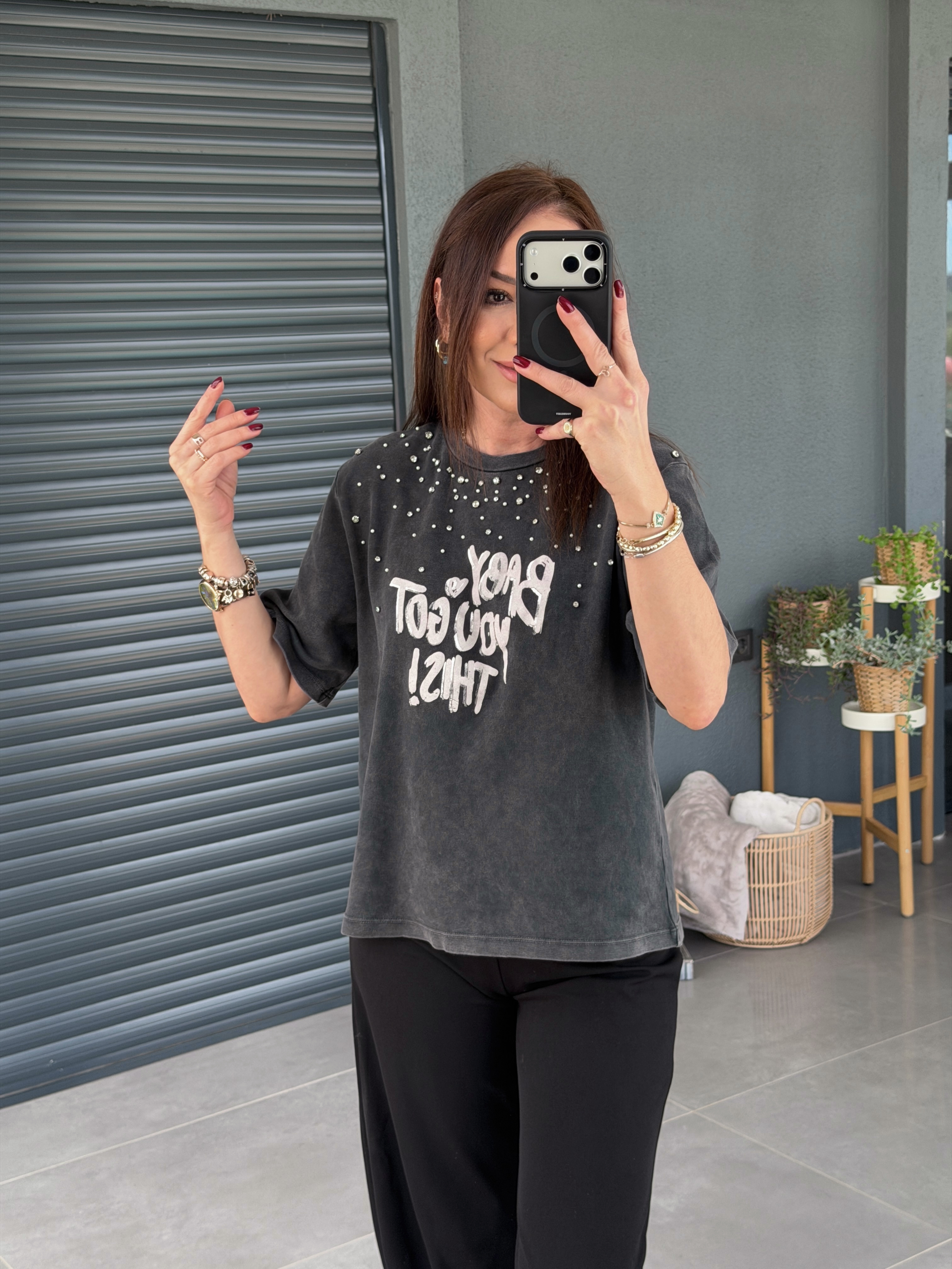 Boyamalı Taşlı Tshirt ANTRASİT