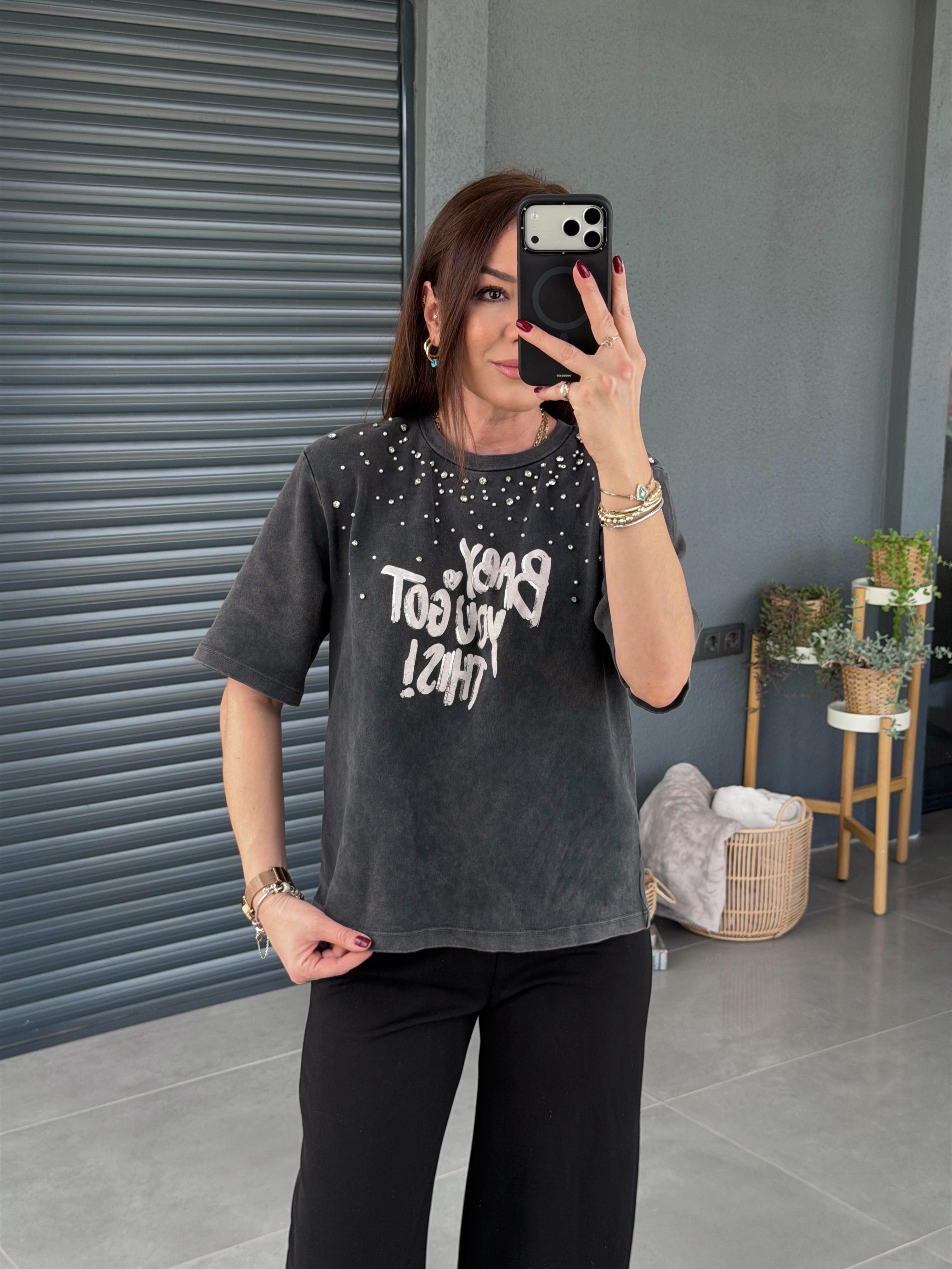 Boyamalı Taşlı Tshirt ANTRASİT