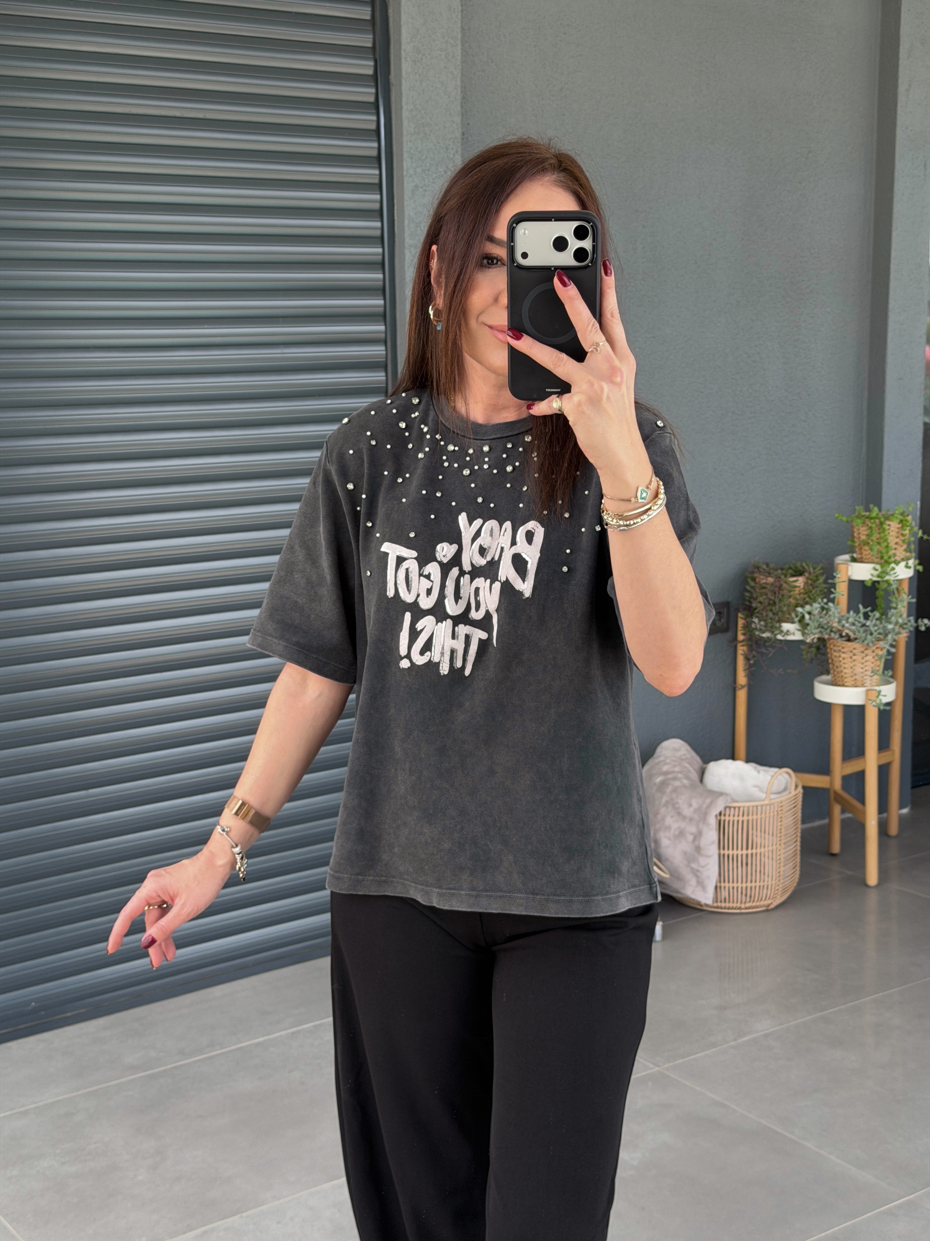 Boyamalı Taşlı Tshirt ANTRASİT