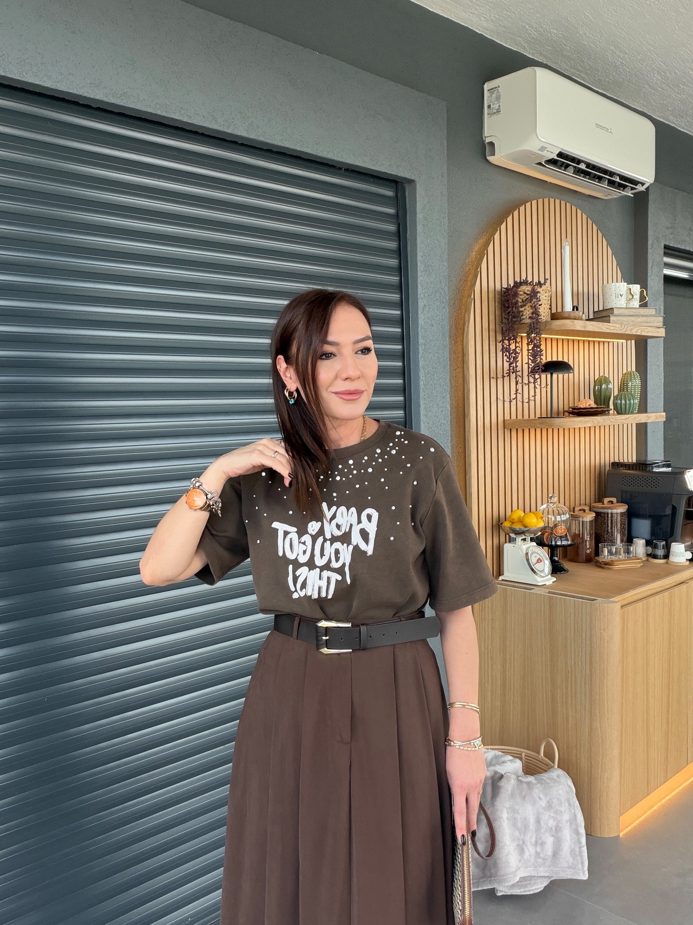 Boyamalı Taşlı Tshirt KAHVE