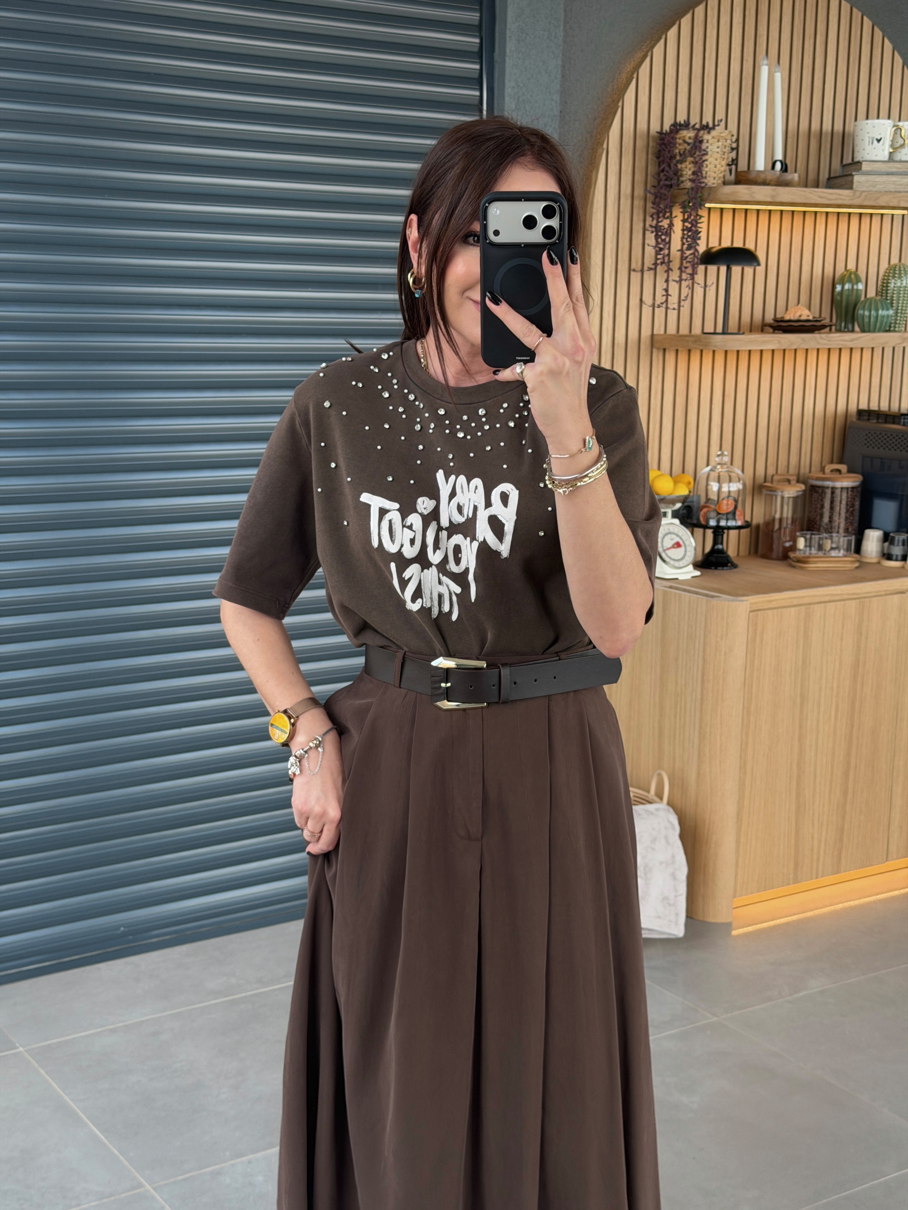 Boyamalı Taşlı Tshirt KAHVE