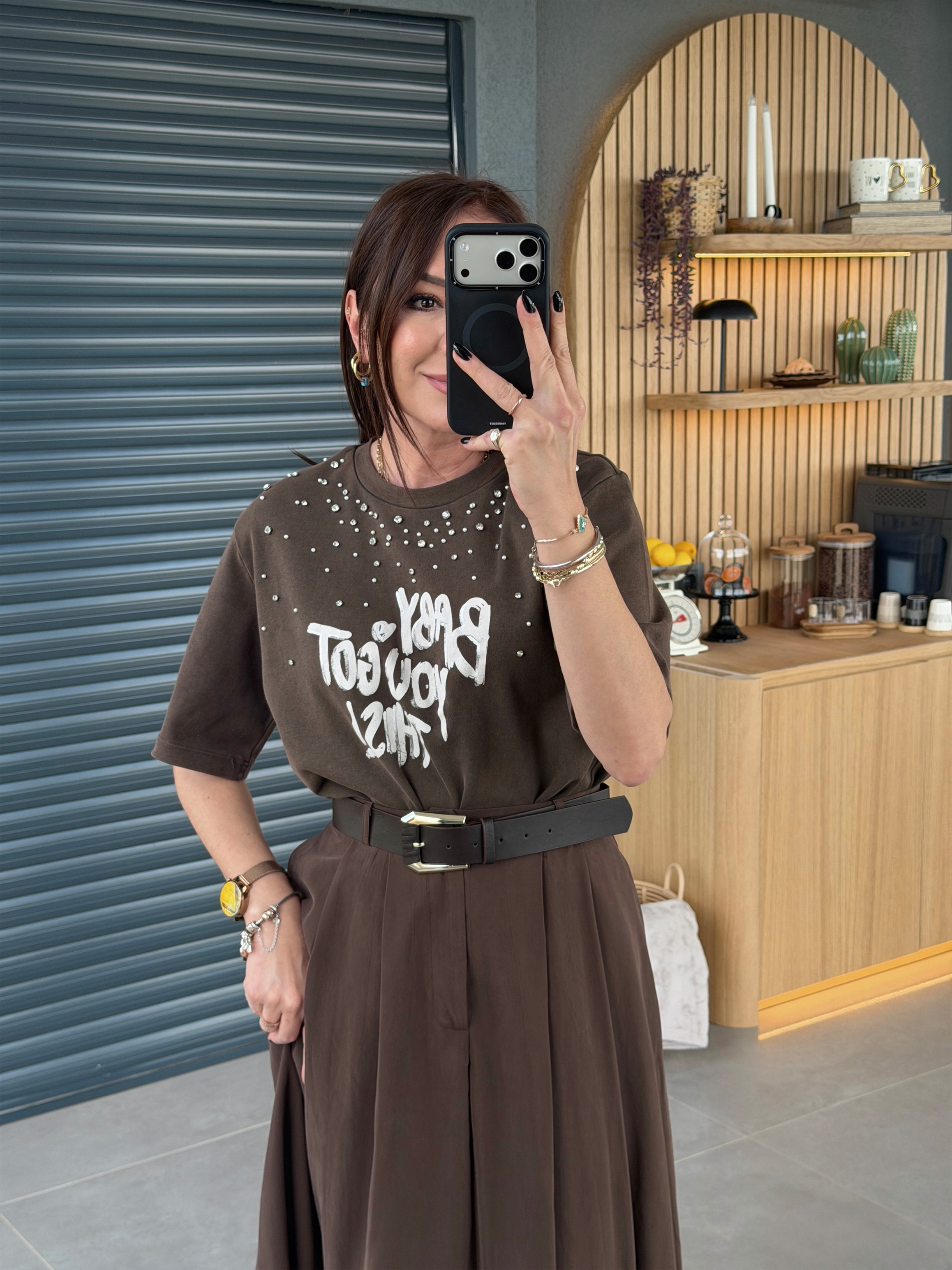 Boyamalı Taşlı Tshirt KAHVE