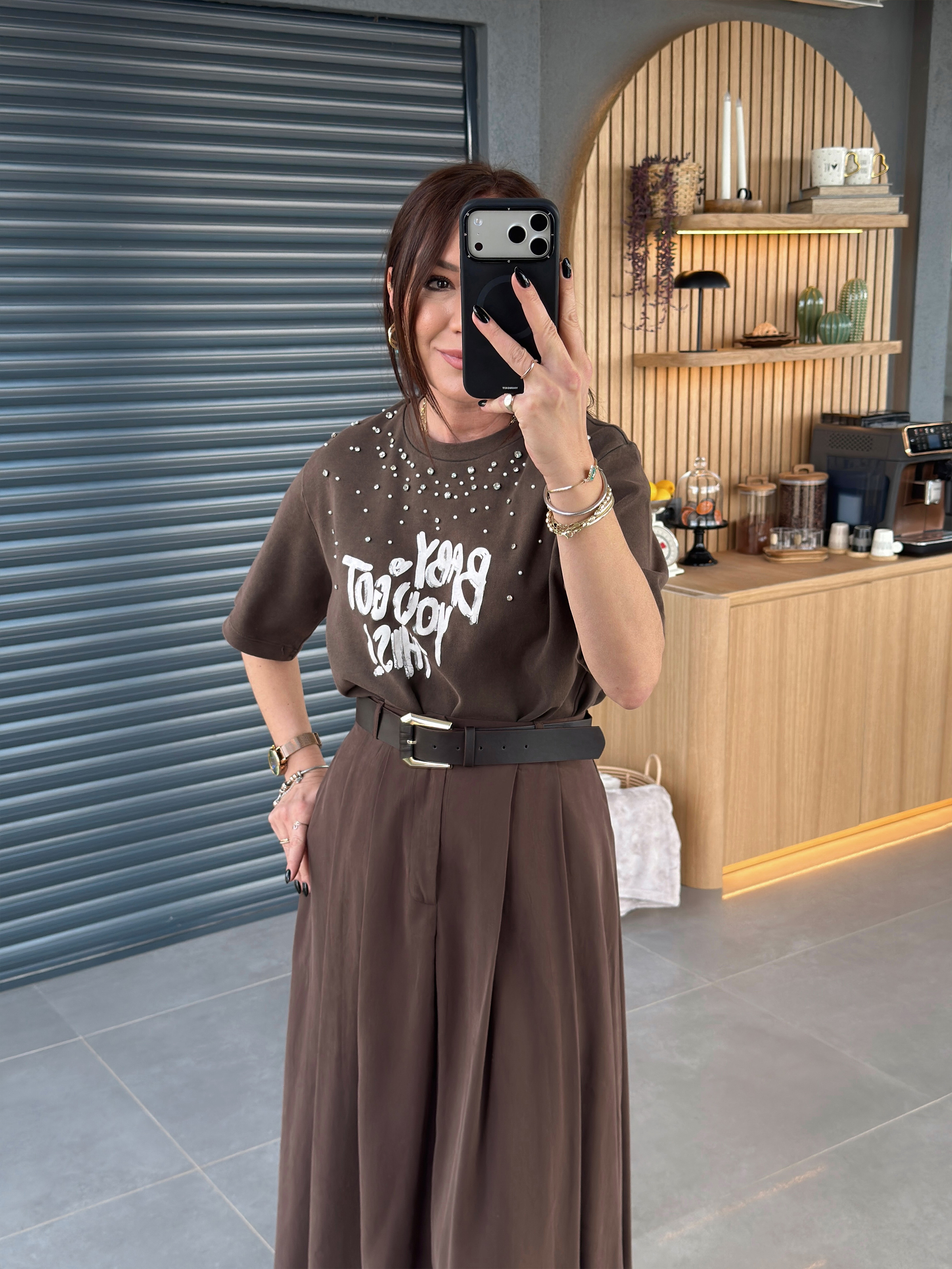 Boyamalı Taşlı Tshirt KAHVE
