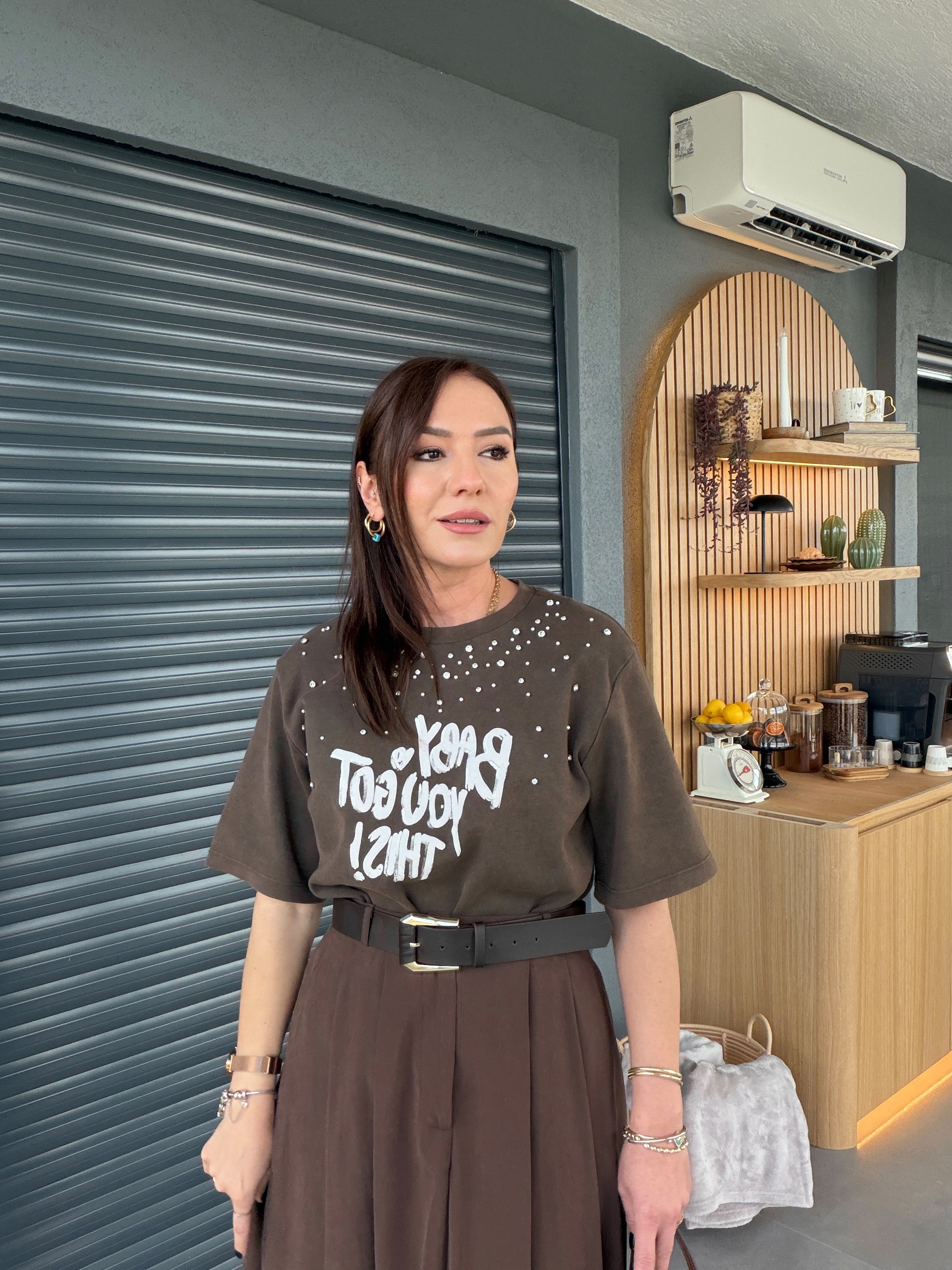 Boyamalı Taşlı Tshirt KAHVE