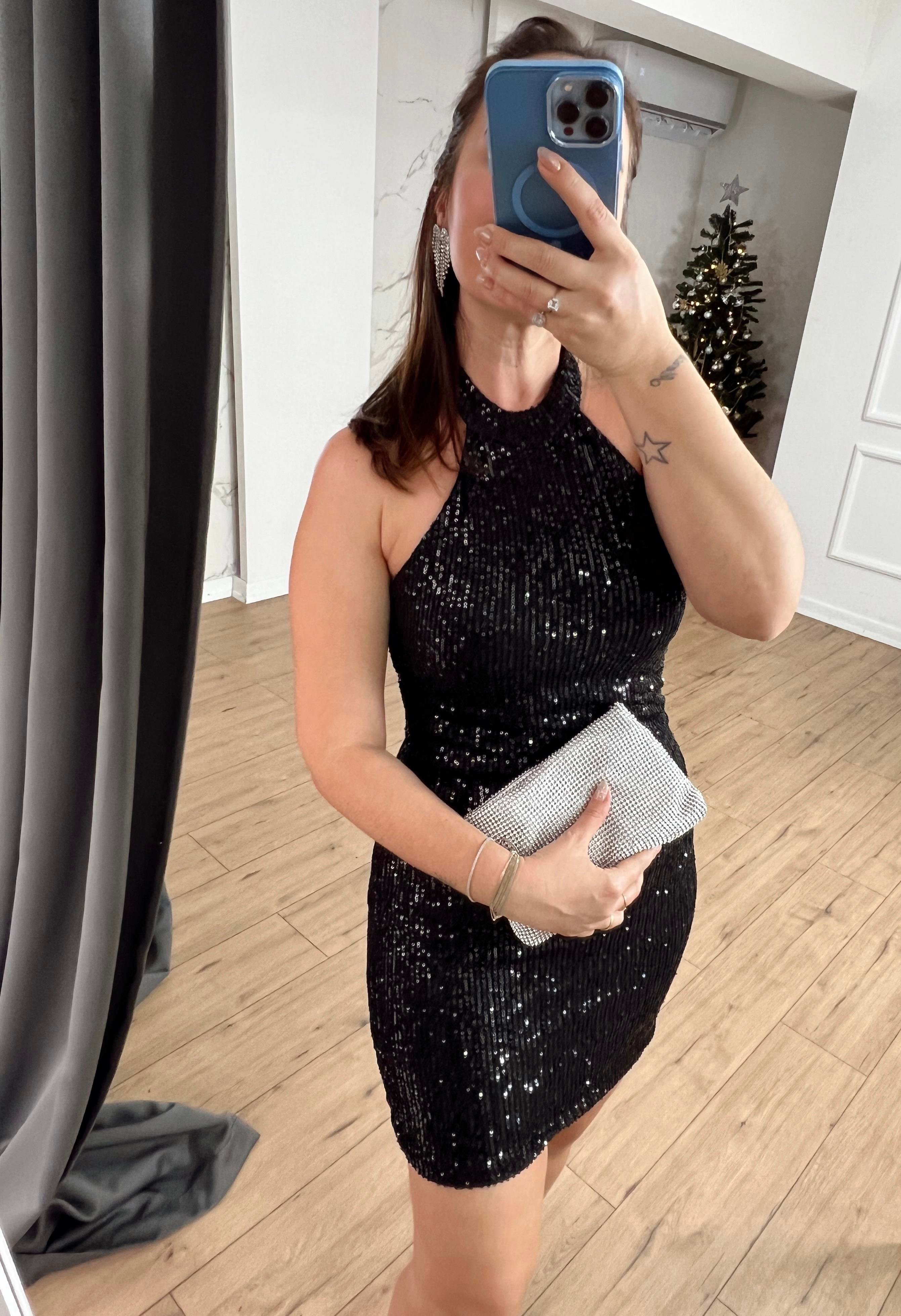 Boyundan Bağlamalı Pullu Elbise SİYAH