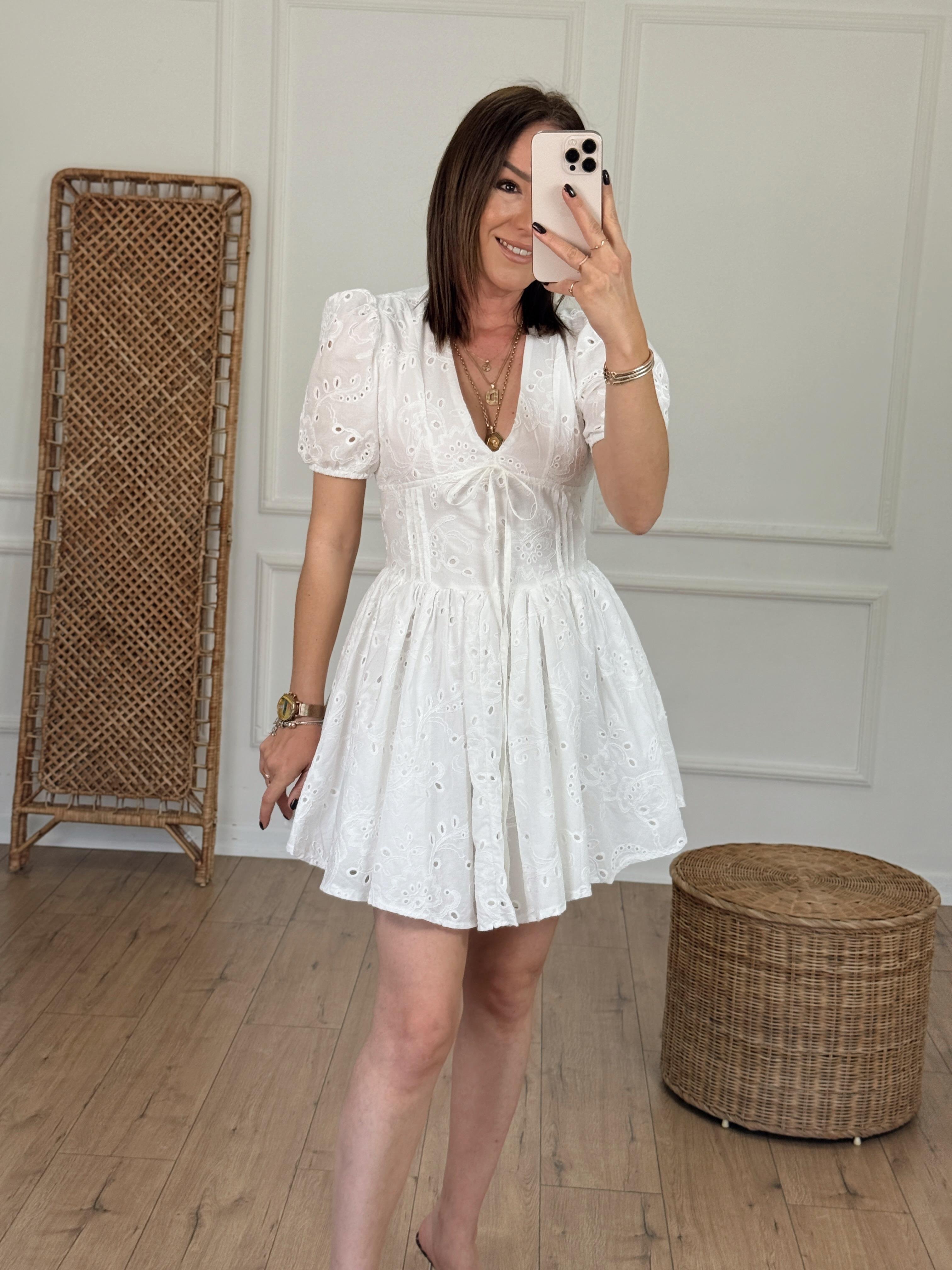 Brodeli Sırtı Açık Mini Elbise EKRU
