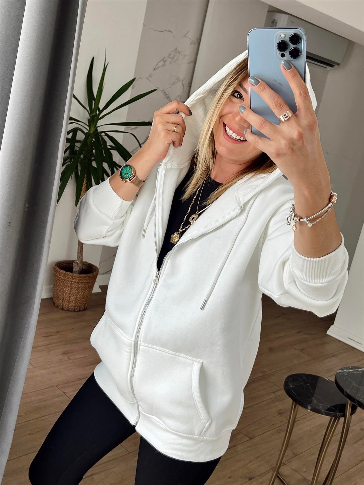 Cepli Fermuarlı Kapüşonlu Sweat EKRU