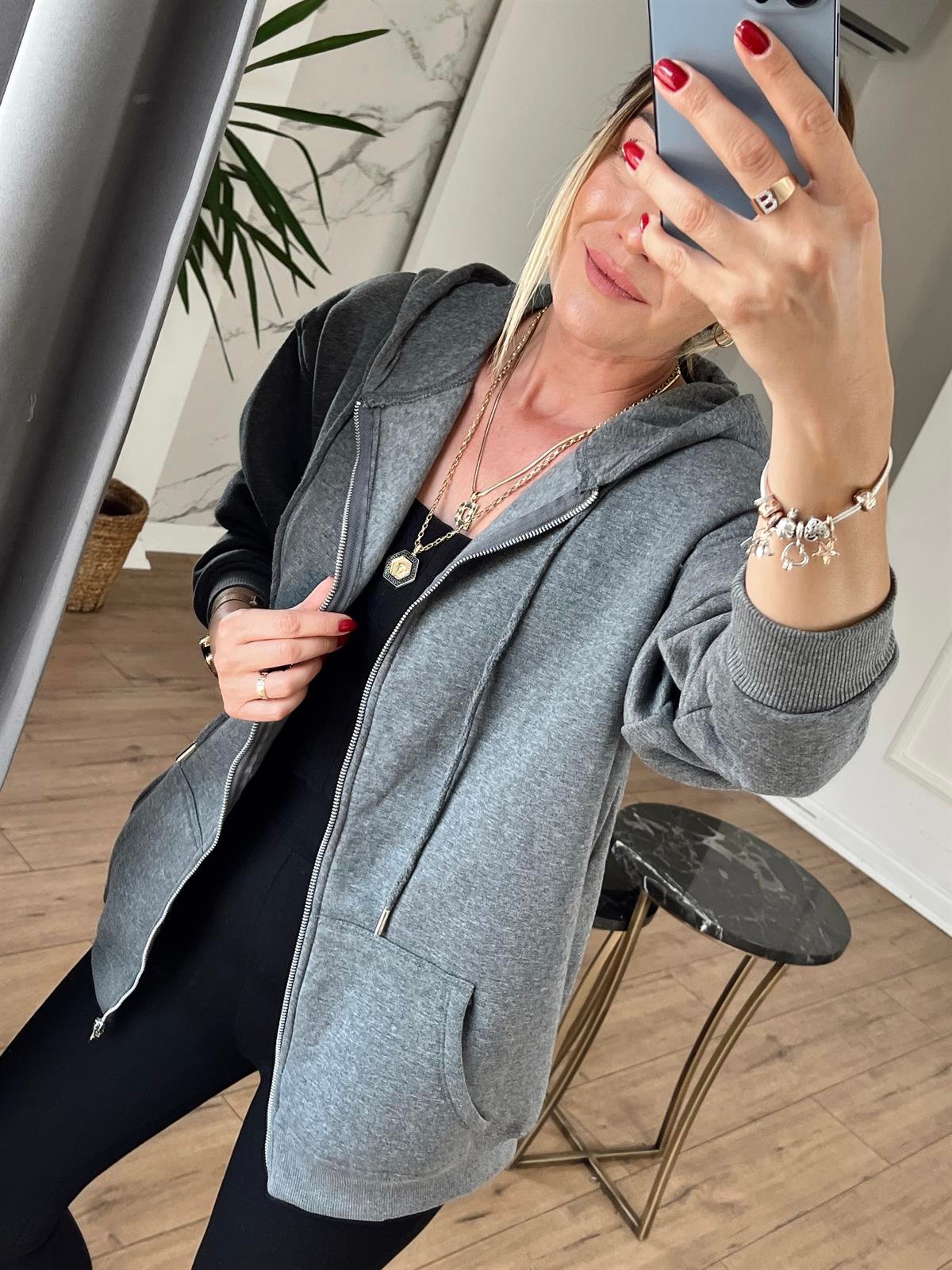 Cepli Fermuarlı Kapüşonlu Sweat KOYU GRİ