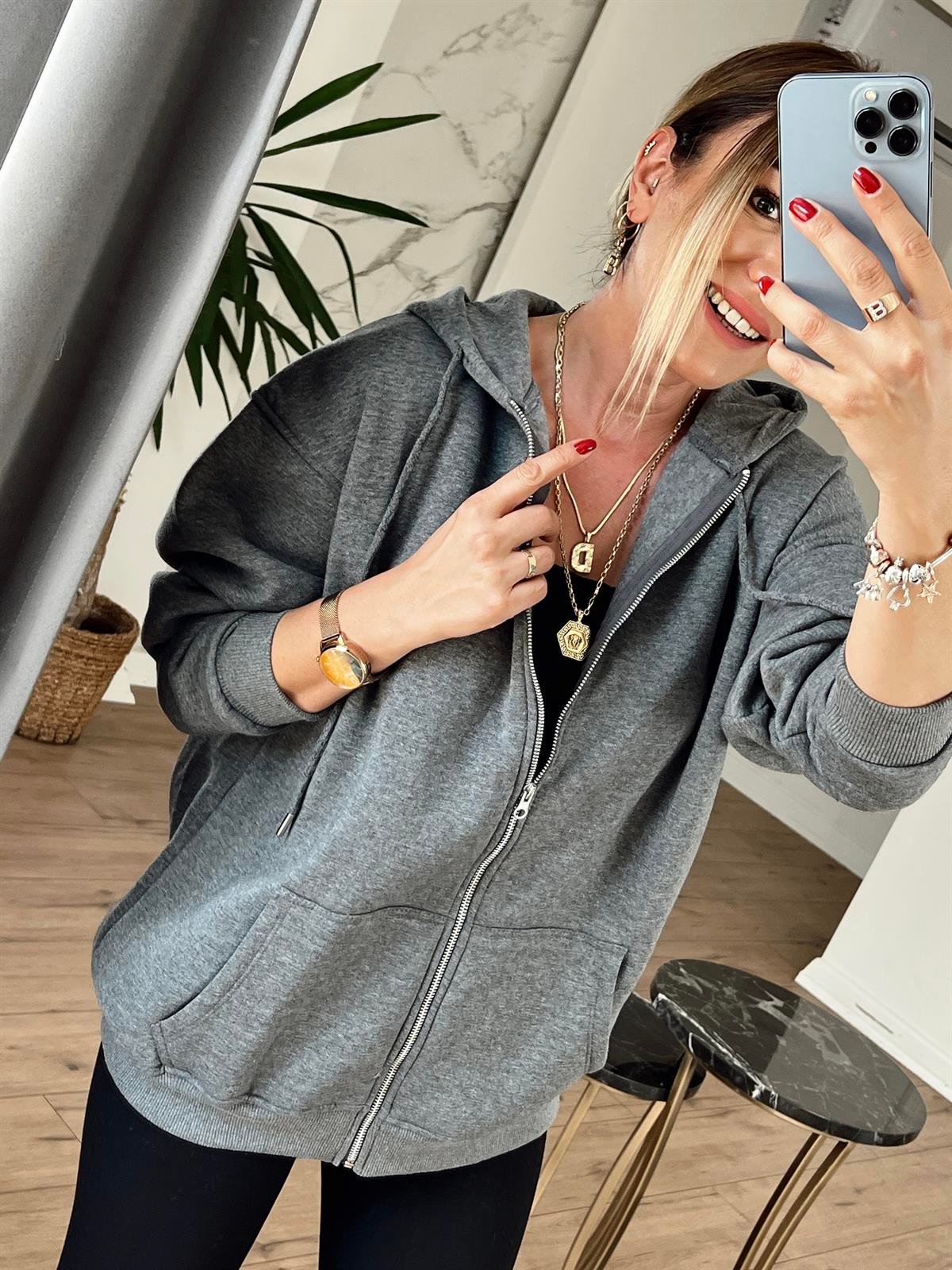 Cepli Fermuarlı Kapüşonlu Sweat KOYU GRİ