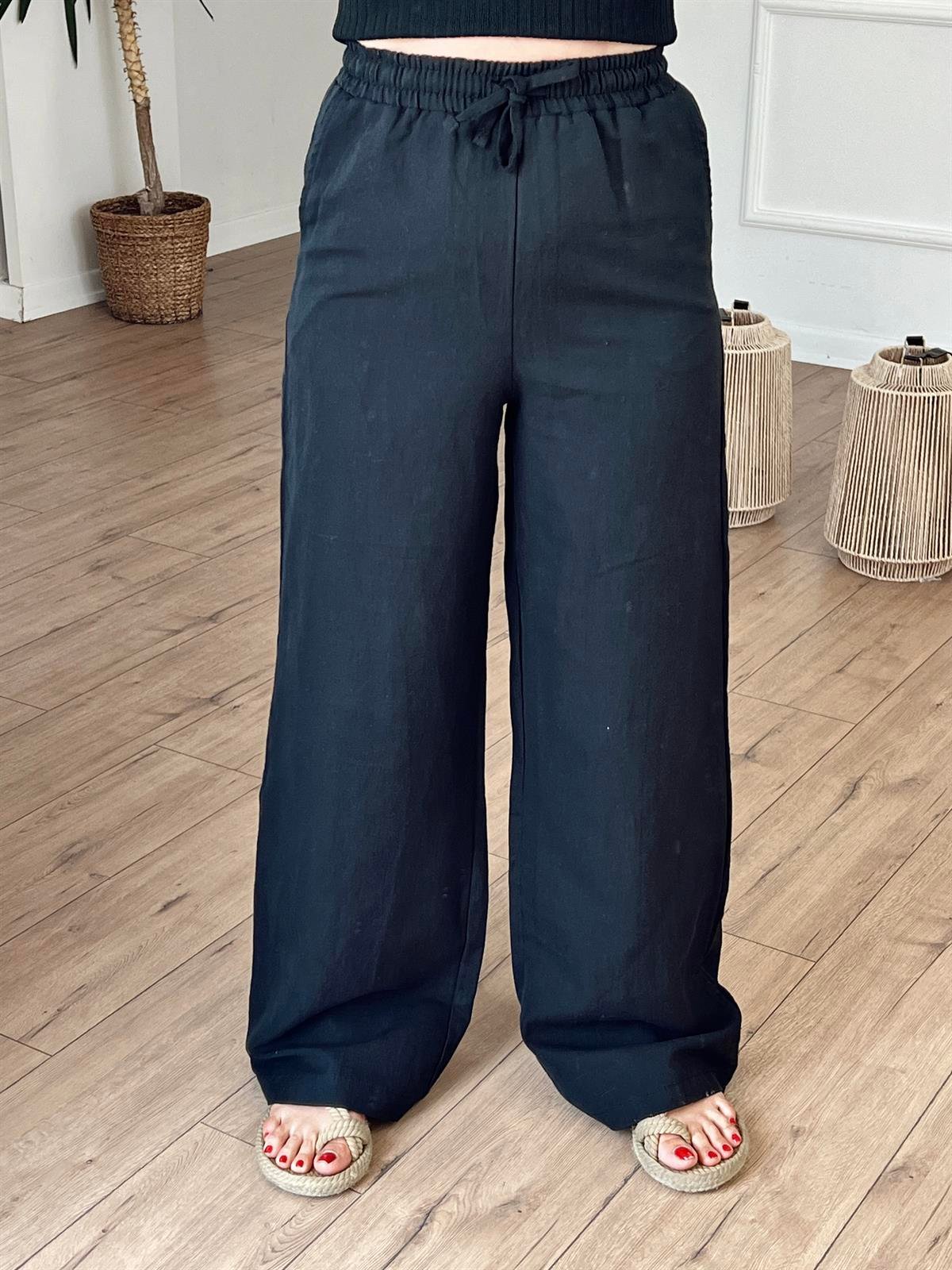 Cepli Keten Pantolon SİYAH