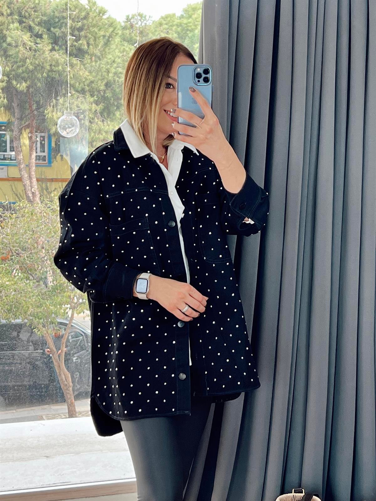 Çift Cepli Taşlı Denim Ceket Siyah