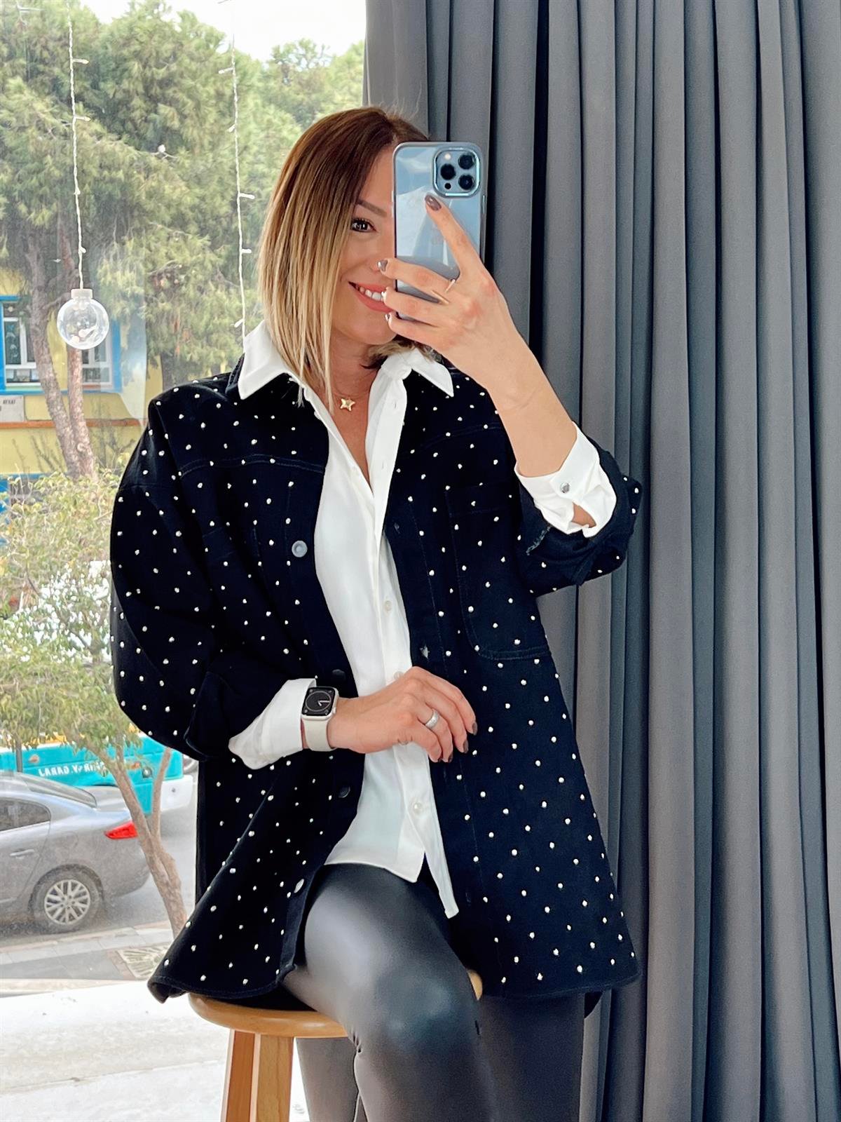 Çift Cepli Taşlı Denim Ceket Siyah