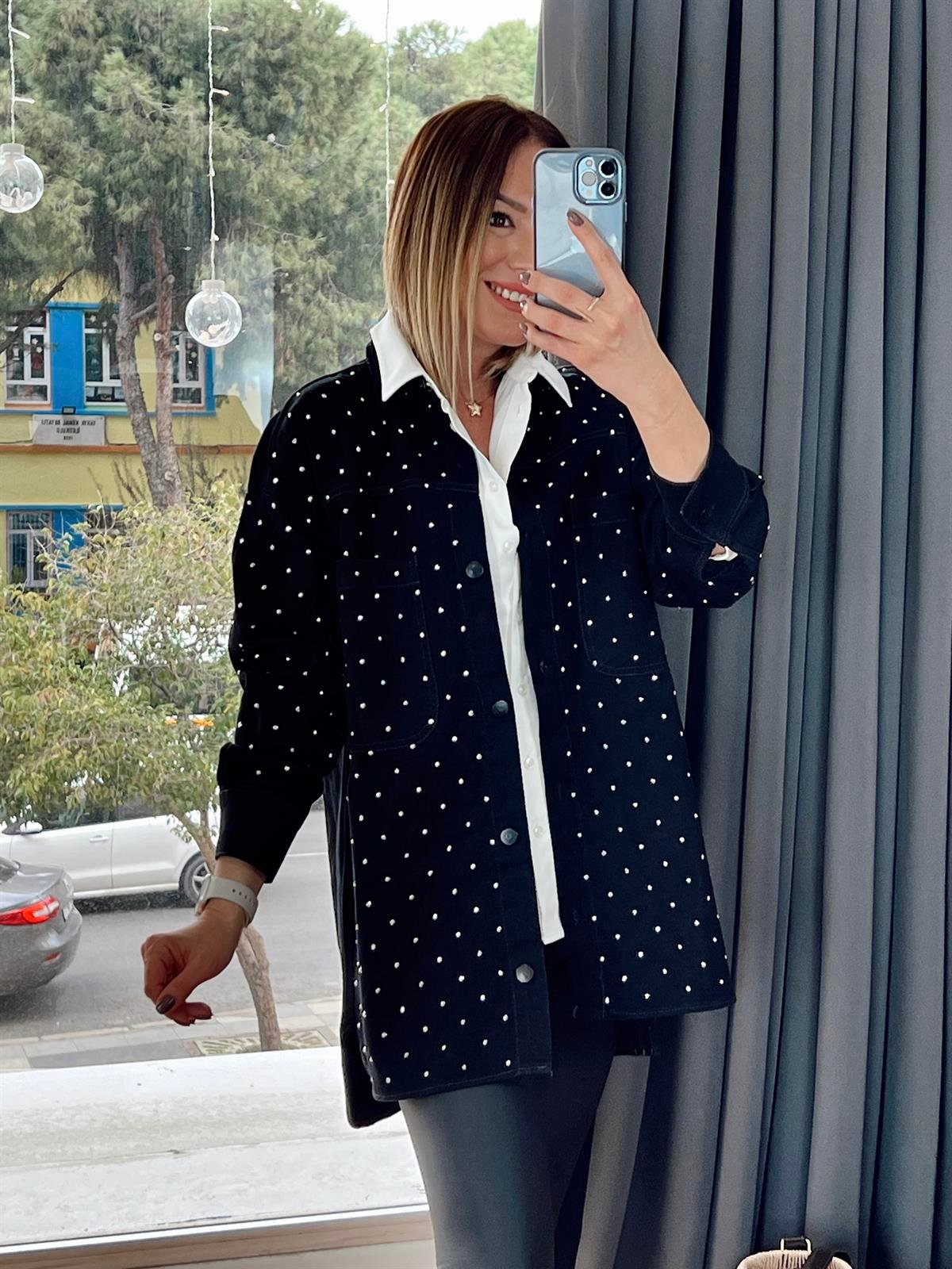Çift Cepli Taşlı Denim Ceket Siyah