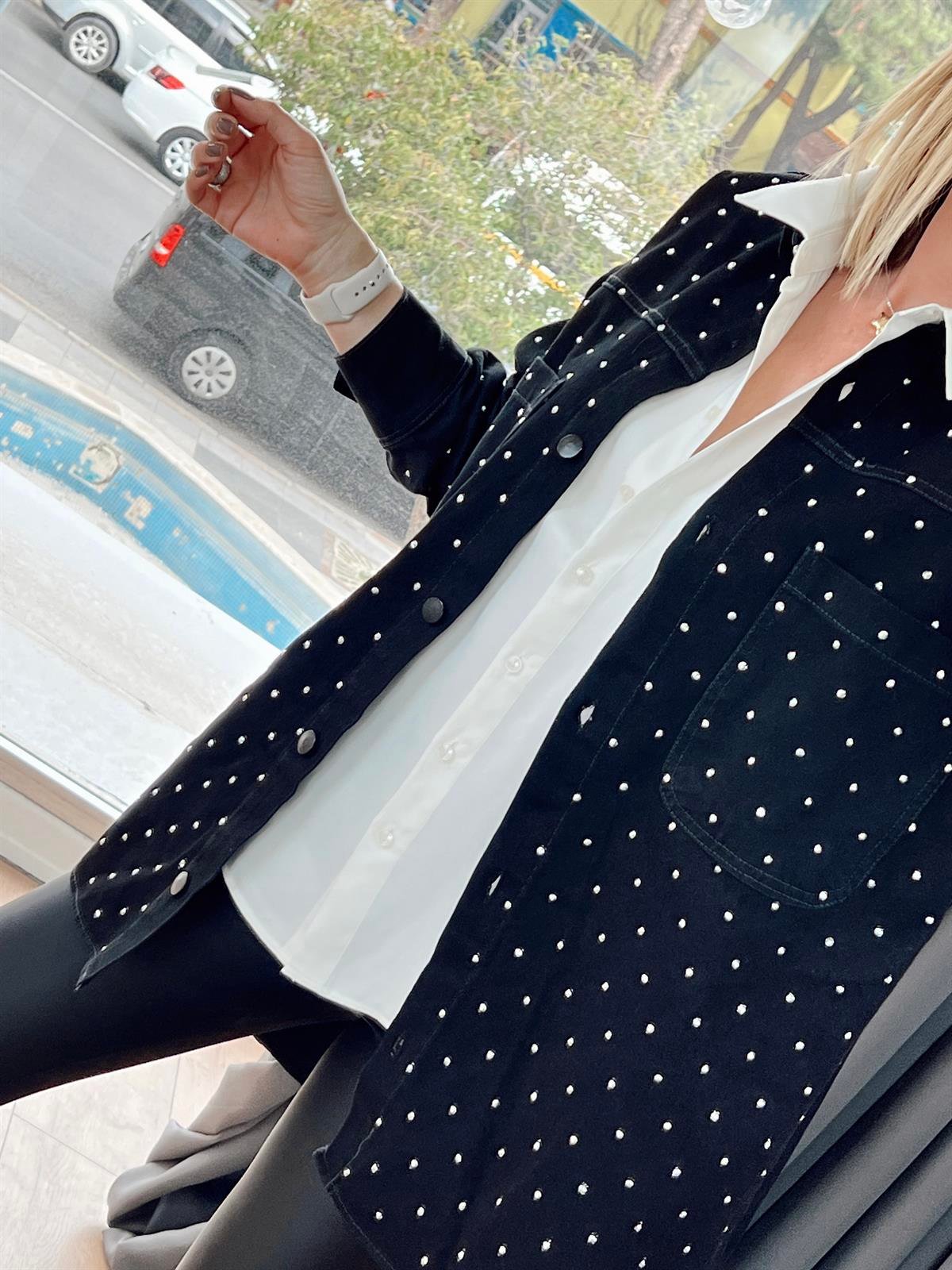 Çift Cepli Taşlı Denim Ceket Siyah