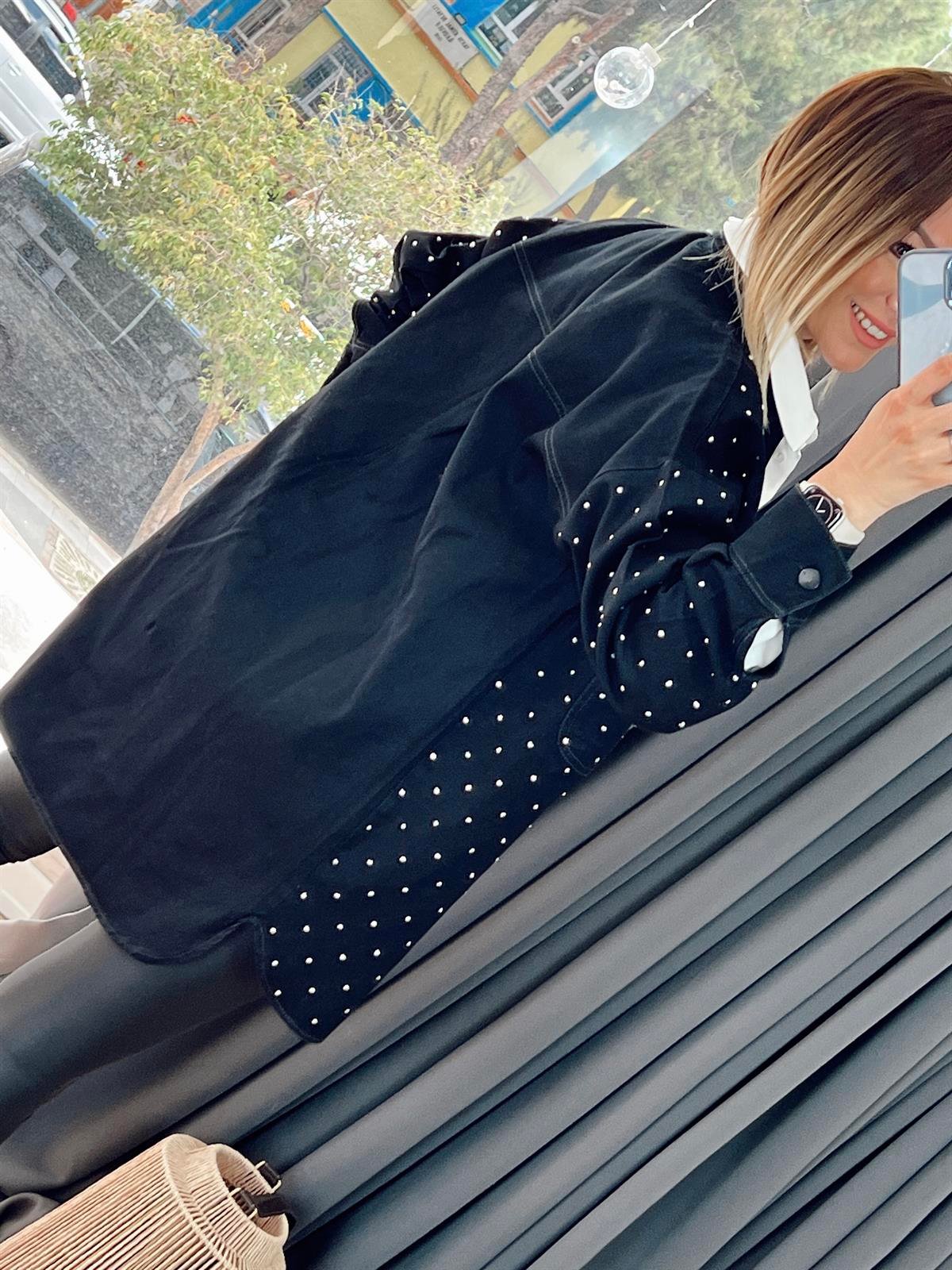 Çift Cepli Taşlı Denim Ceket Siyah