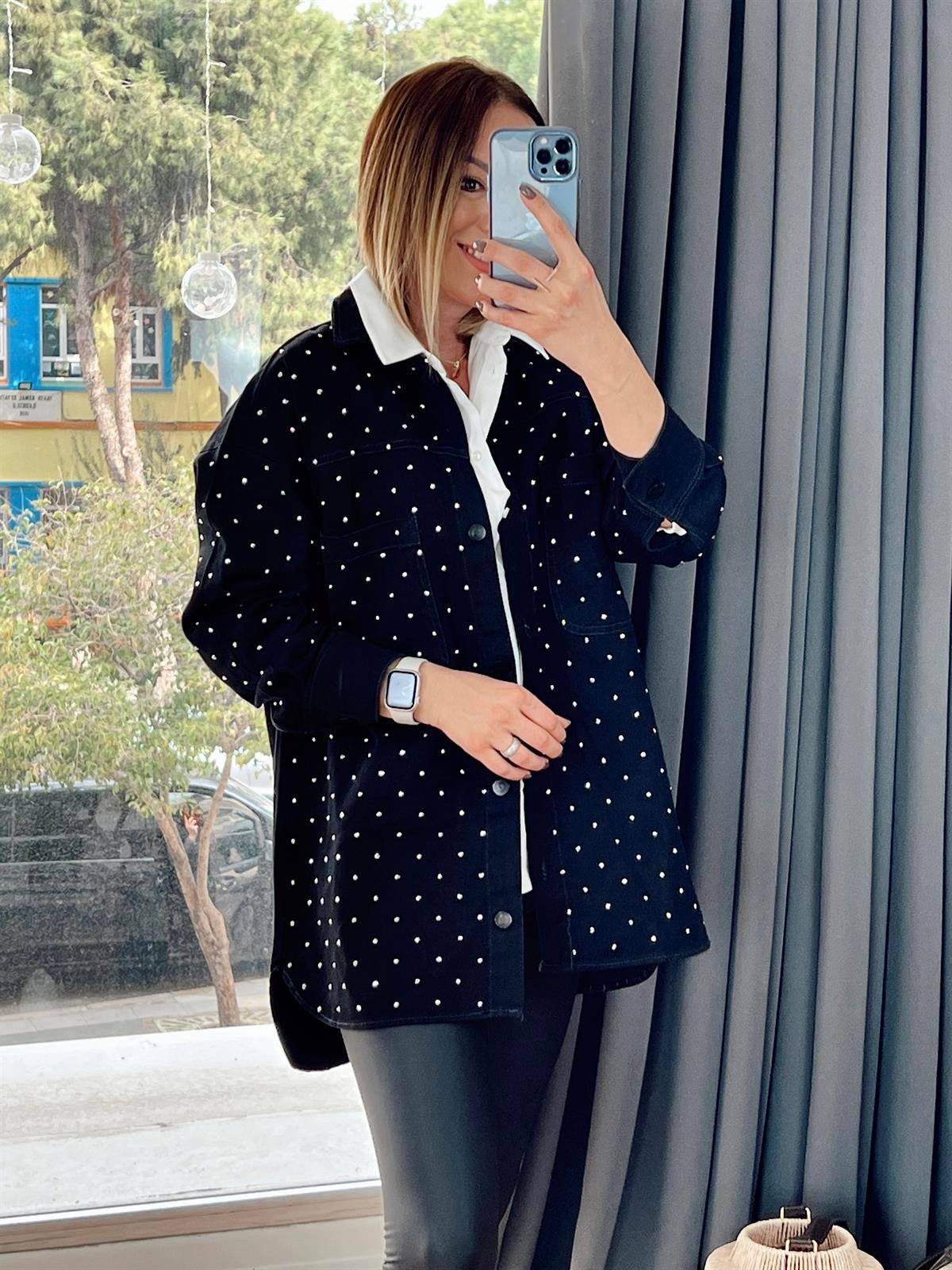 Çift Cepli Taşlı Denim Ceket Siyah
