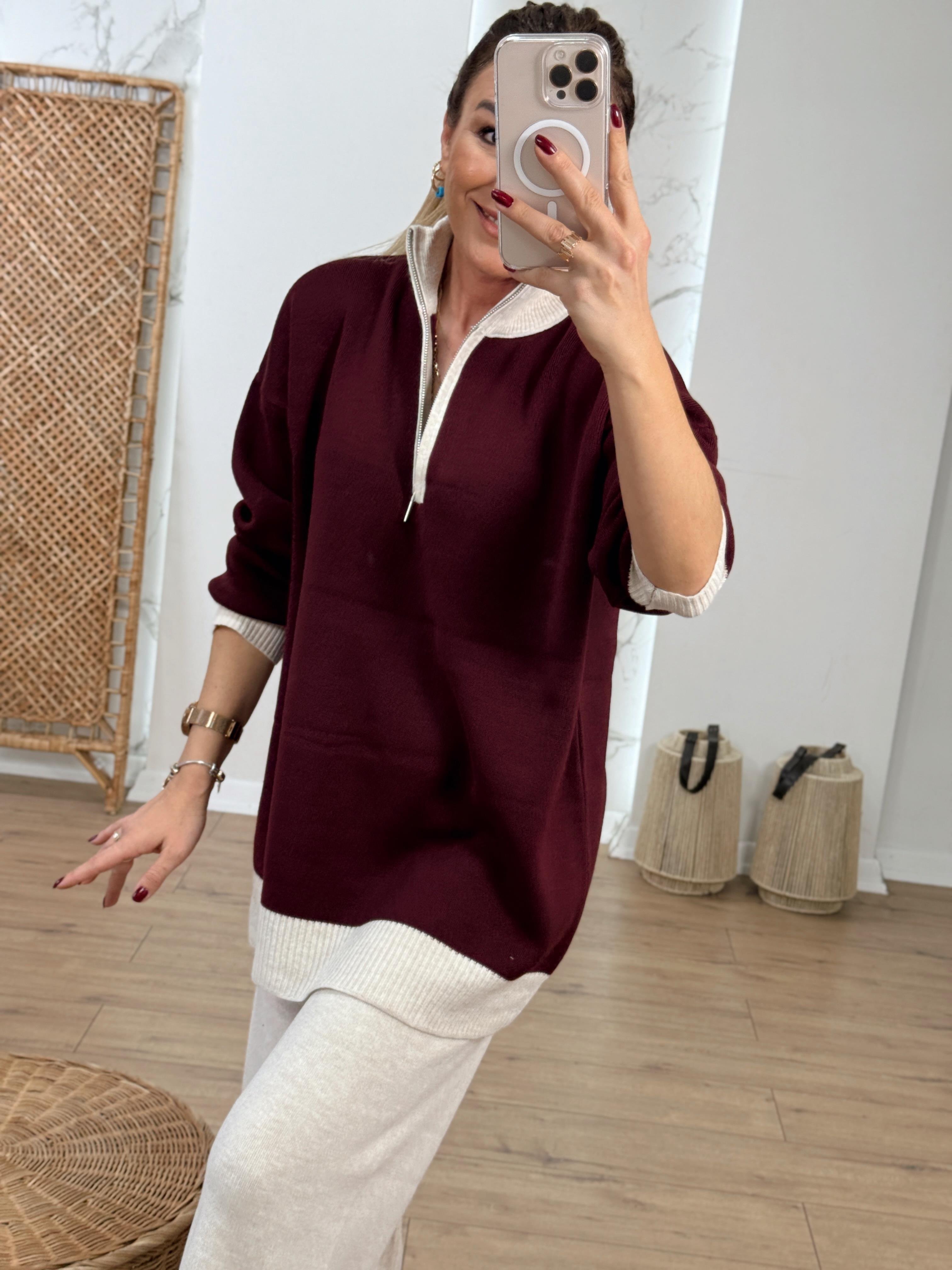 Çift Renkli İkili Triko Takım BORDO