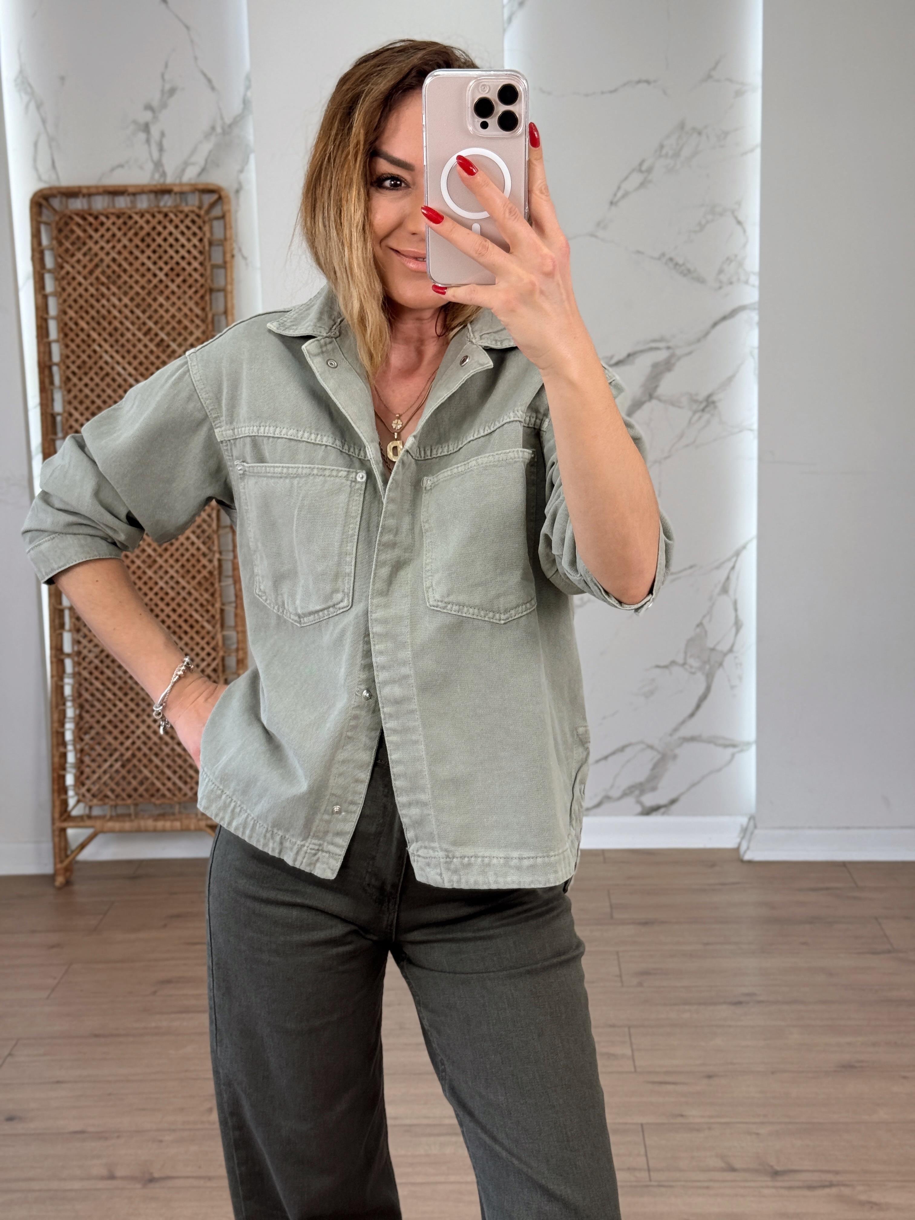 Çıtçıtlı Cep Detaylı Gabardin Ceket HAKİ