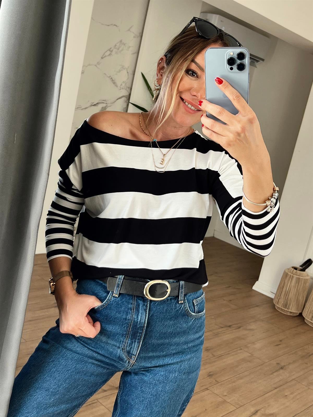 Çizgi Desenli Tshirt SİYAH
