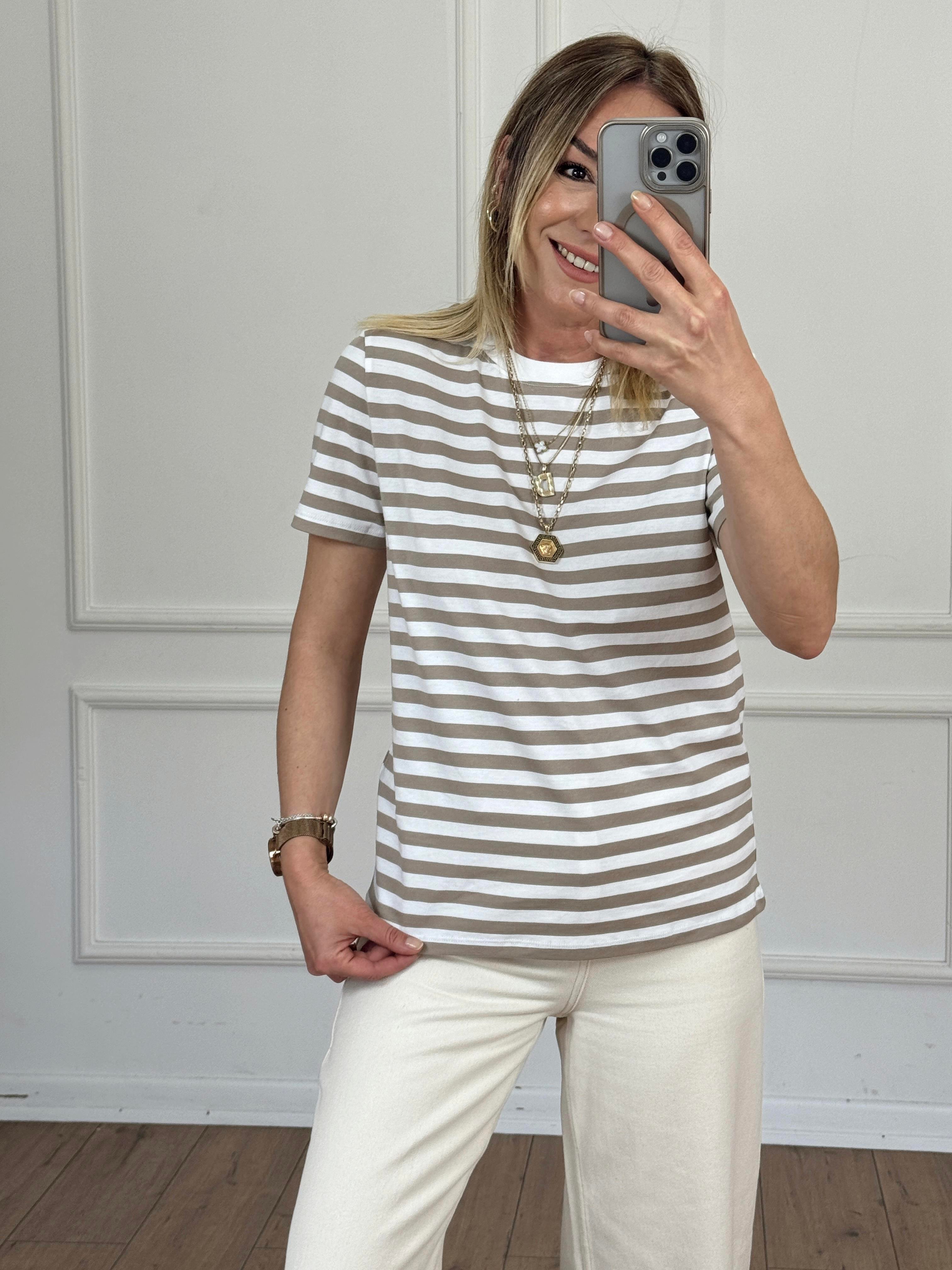Çizgili Basic Tshirt BEJ