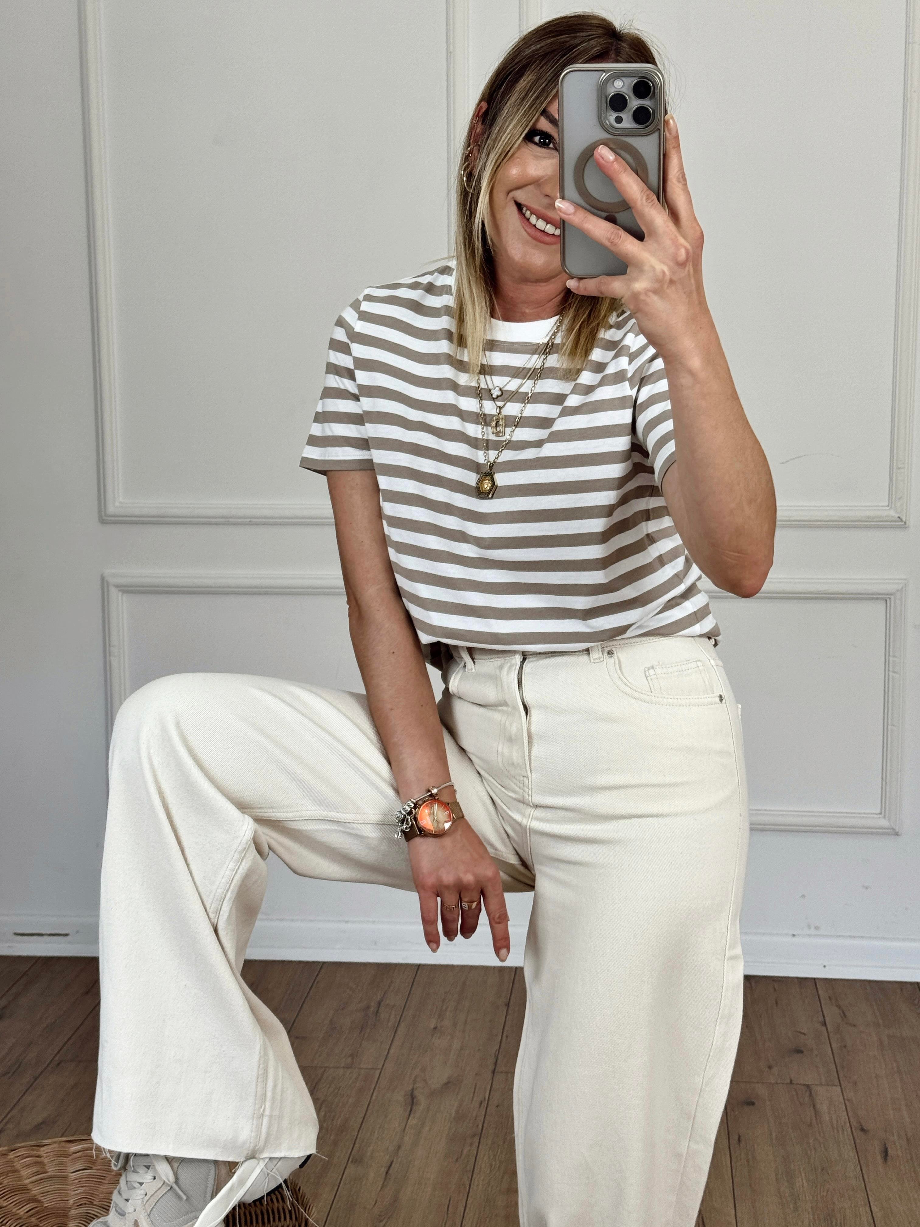 Çizgili Basic Tshirt BEJ